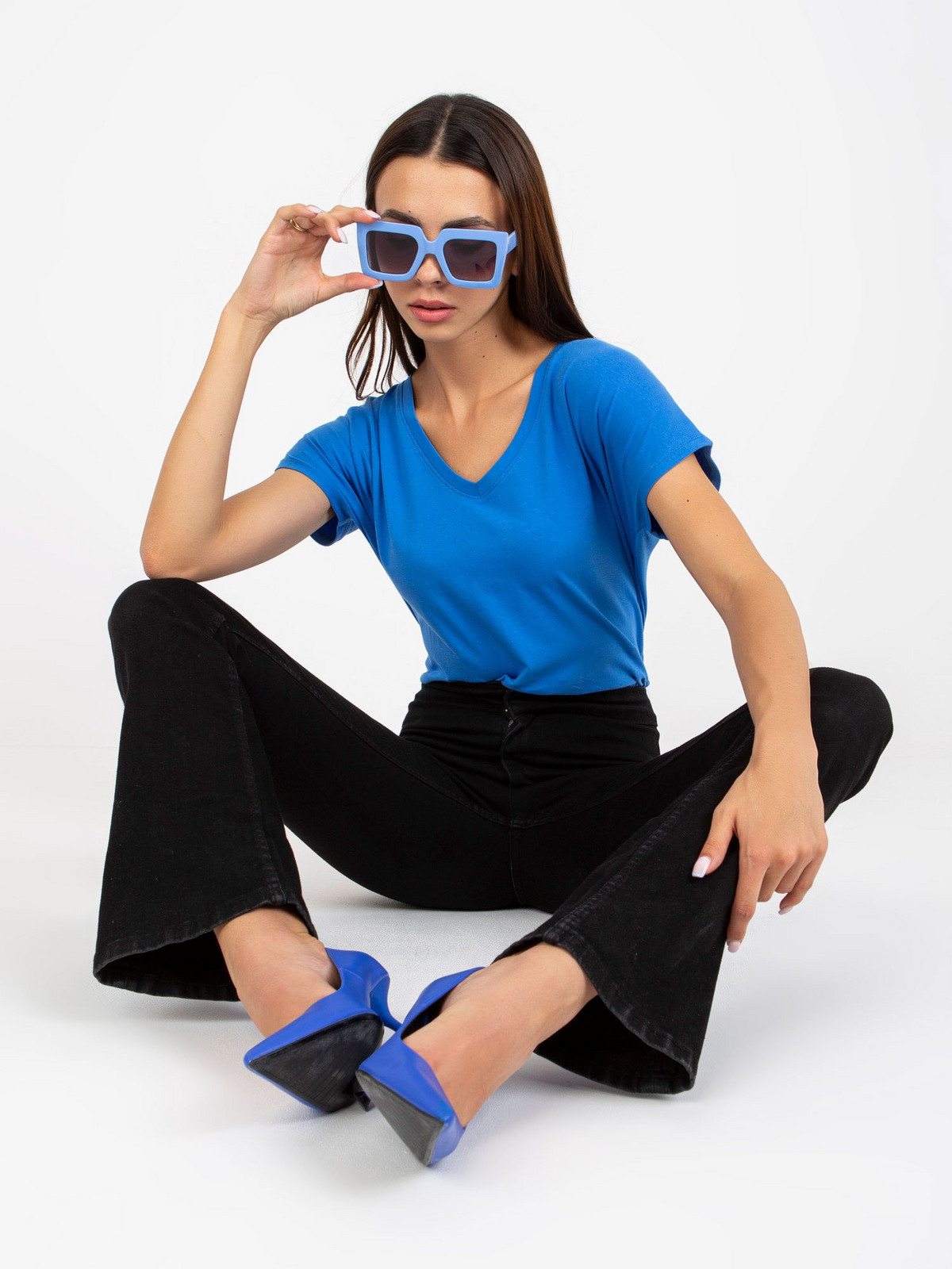 Blue cotton V-neck t-shirt BASIC