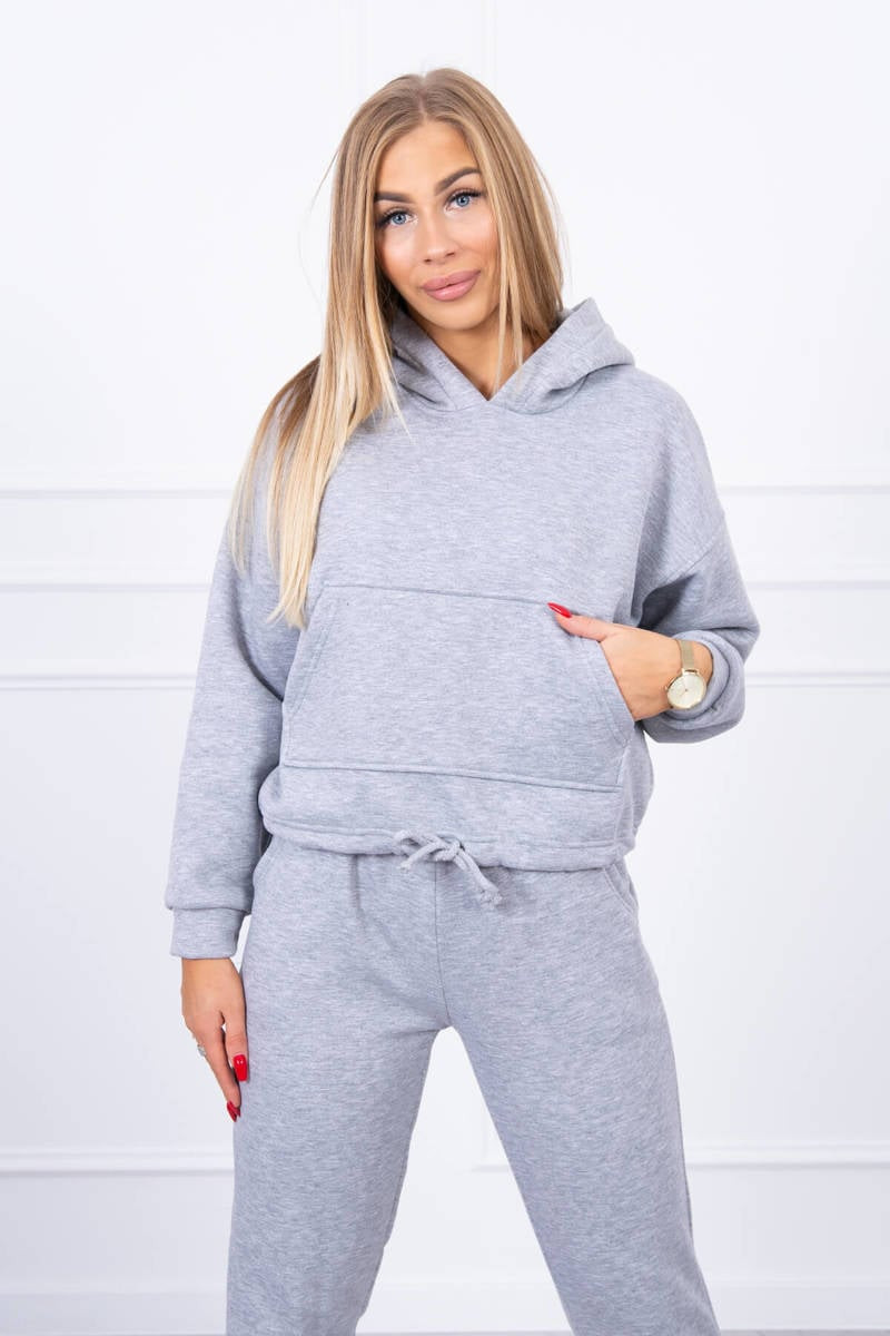 Zateplený komplet s mikinou se zavazováním dole v šedé barvě