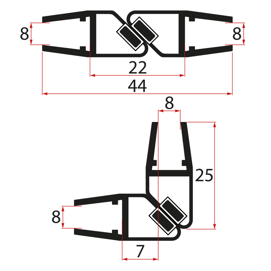 Gelco Set magnetických těsnění 45°pro sklo 8/8mm , 2000mm, černá