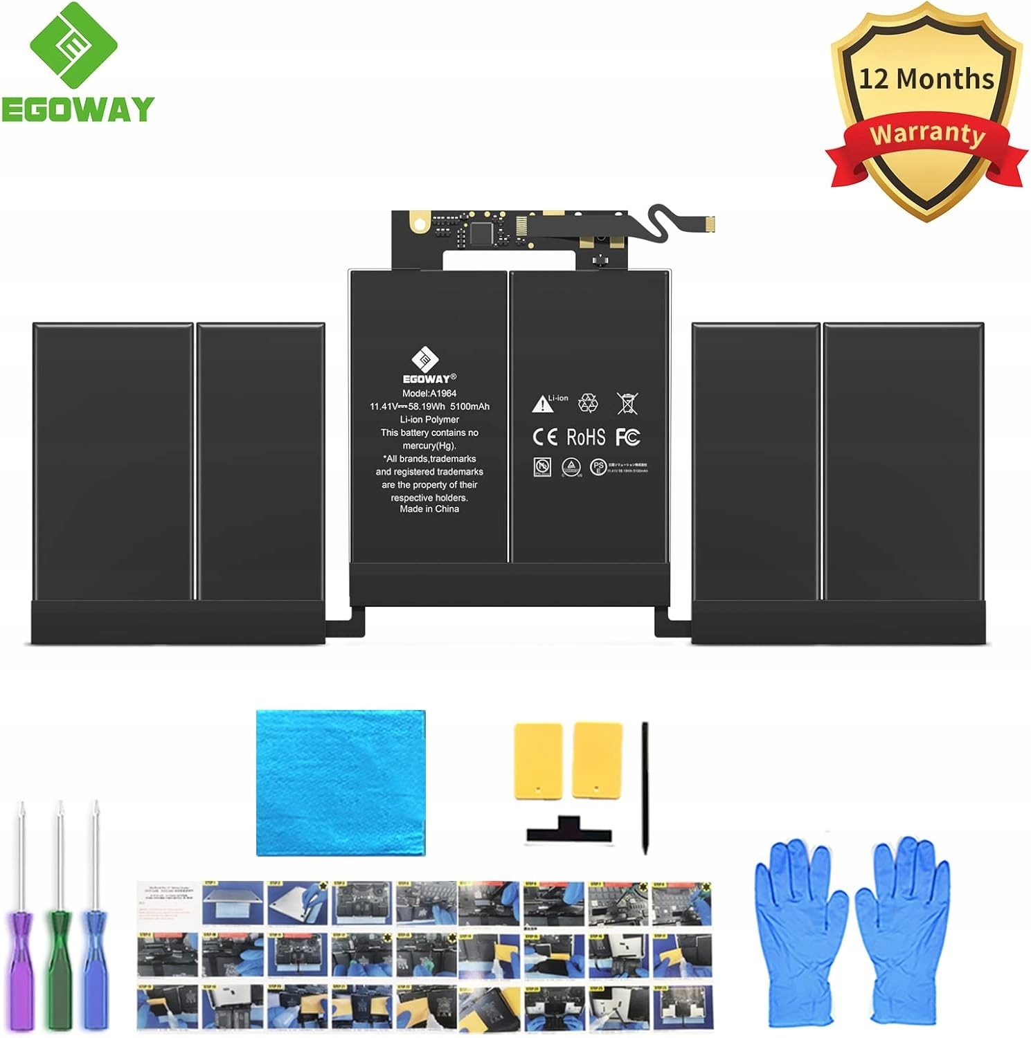 Baterie pro Apple Macbook Air A1989 A1964 58Wh 5100mAh +nářadí pro montáž