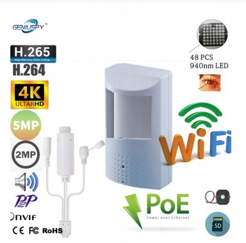 Skrytá Kamera V Detektoru Pohybu Pir 8MPX 4K Wifi Audio