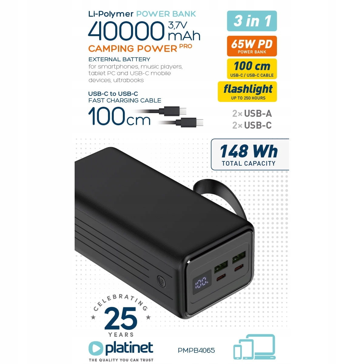 Powerbanka 40 000 mAh 65W Pd