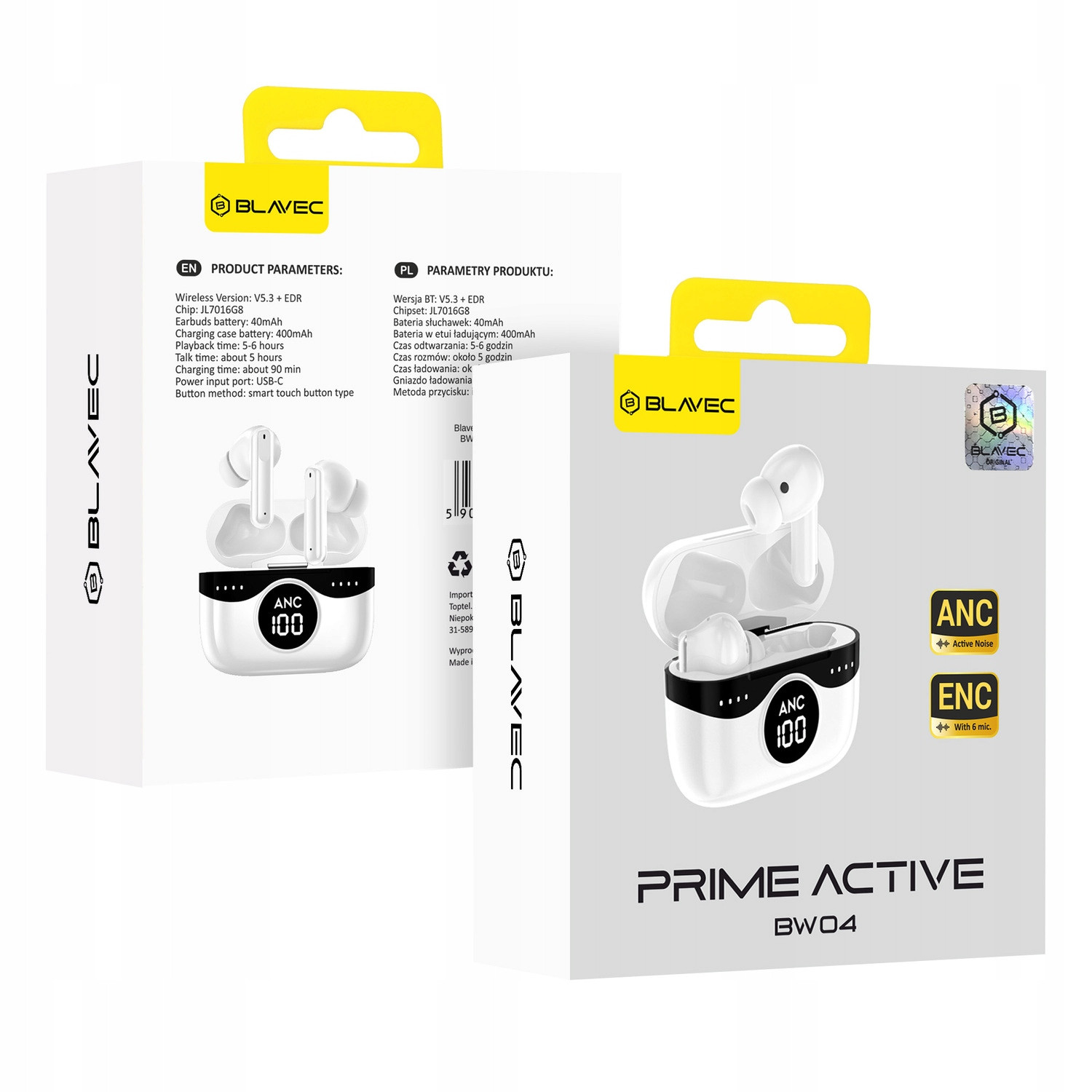 Blavec Bluetooth sluchátka Tws BW04 Prime Active Anc+enc (BW04PA-W) bílá