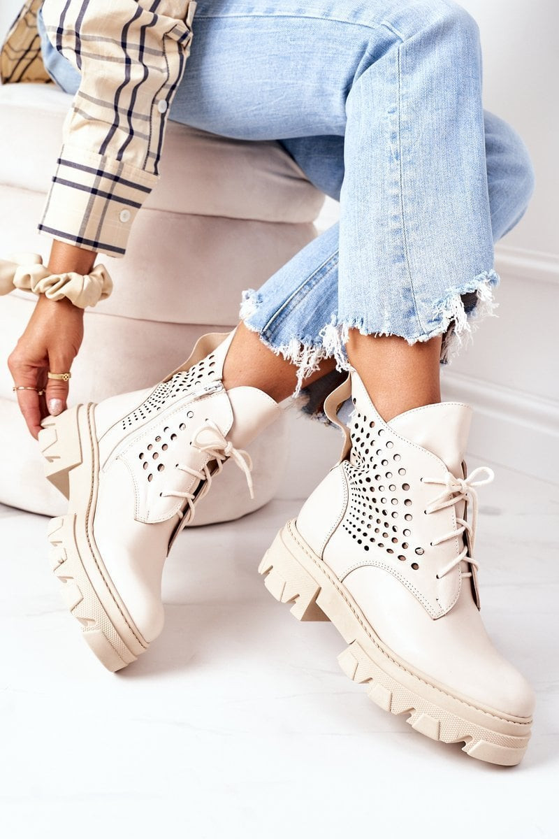 PA2 Prolamované Kožené Boty Workery Béžové Abilene