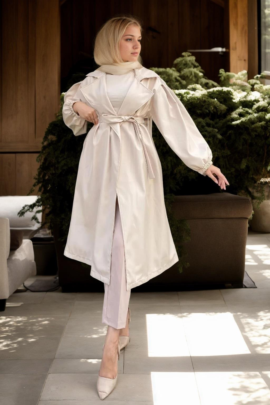 40345 Dewberry Belted Balloon Sleeve Women Trenchcoat-BEIGE