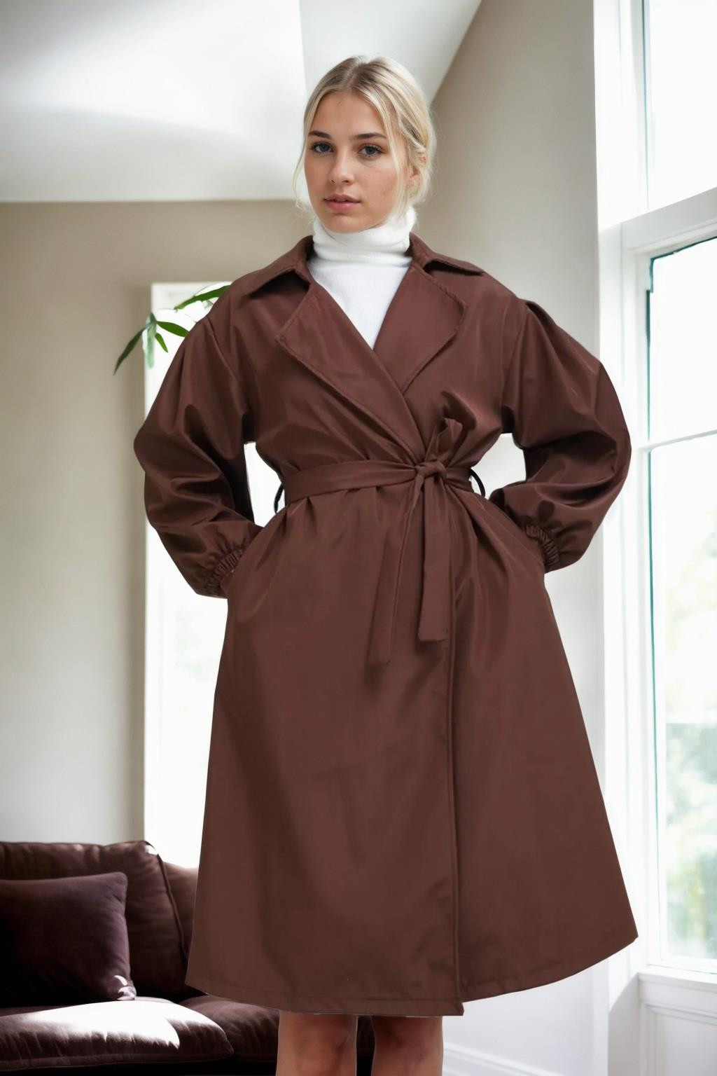 40345 Dewberry Belted Balloon Sleeve Women Trenchcoat-COFFEE