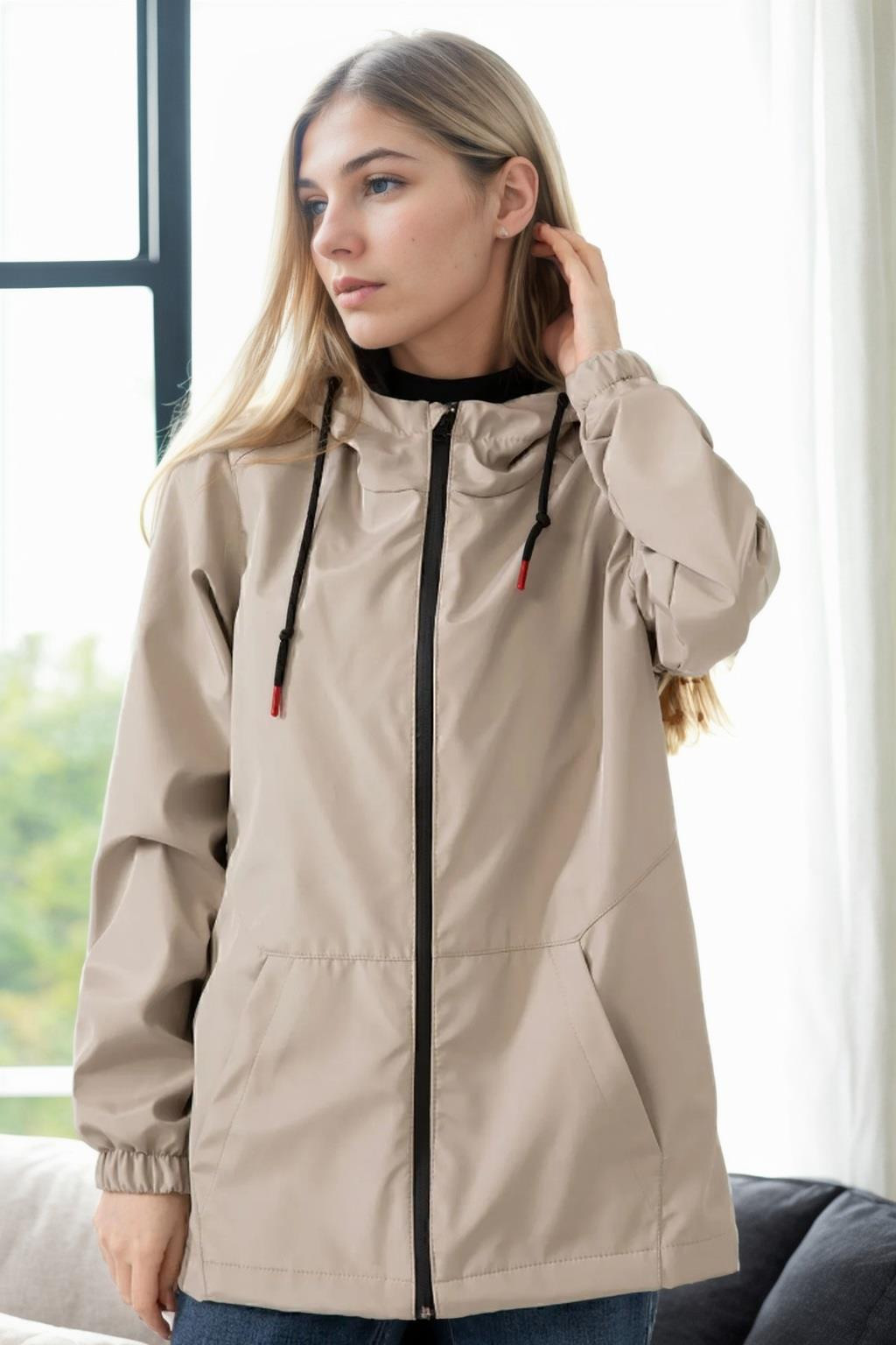 53121 Dewberry Hooded Women Raincoat-STONE