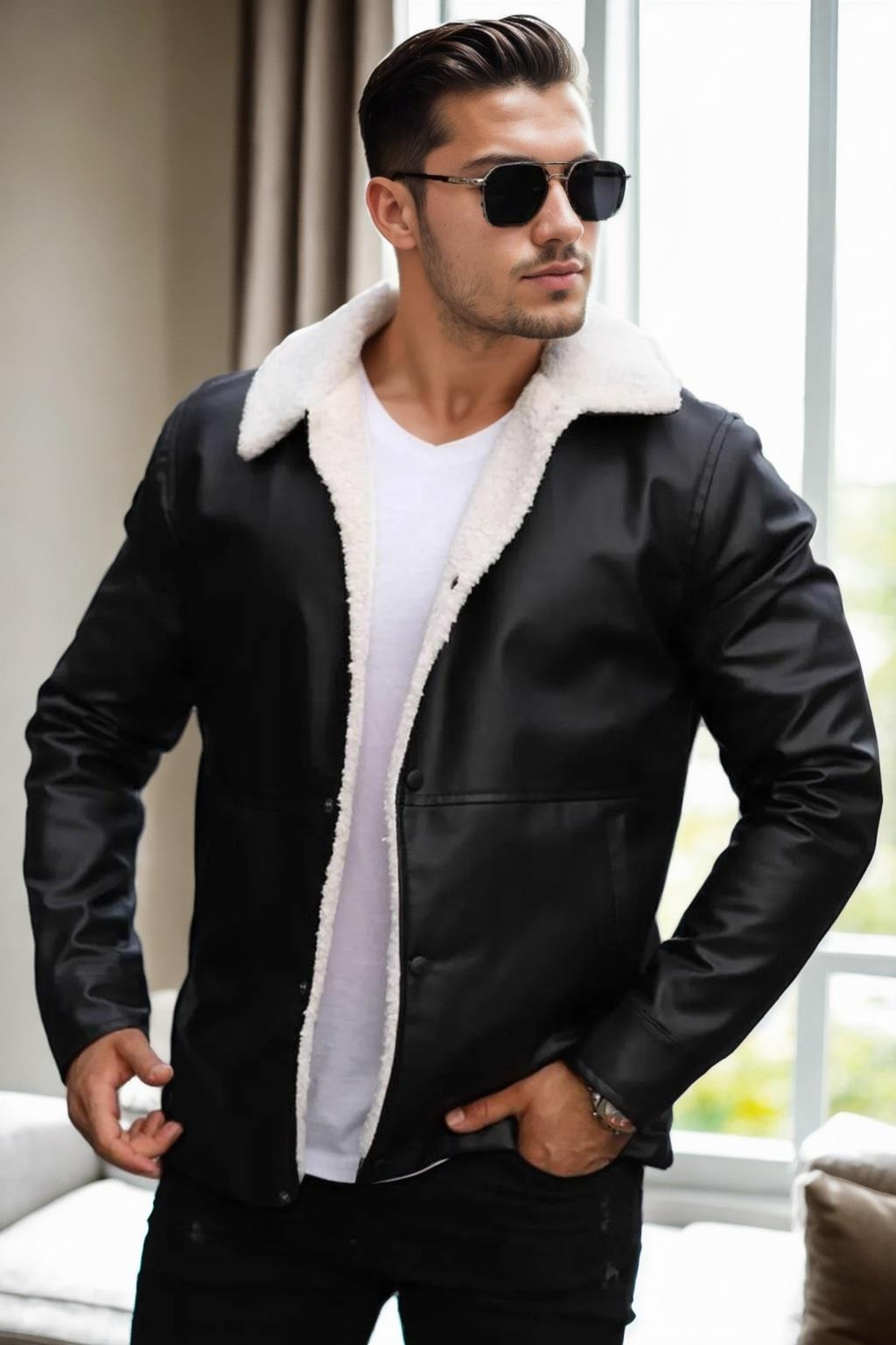 70670 Dewberry Furry Black PU Jacket-BLACK