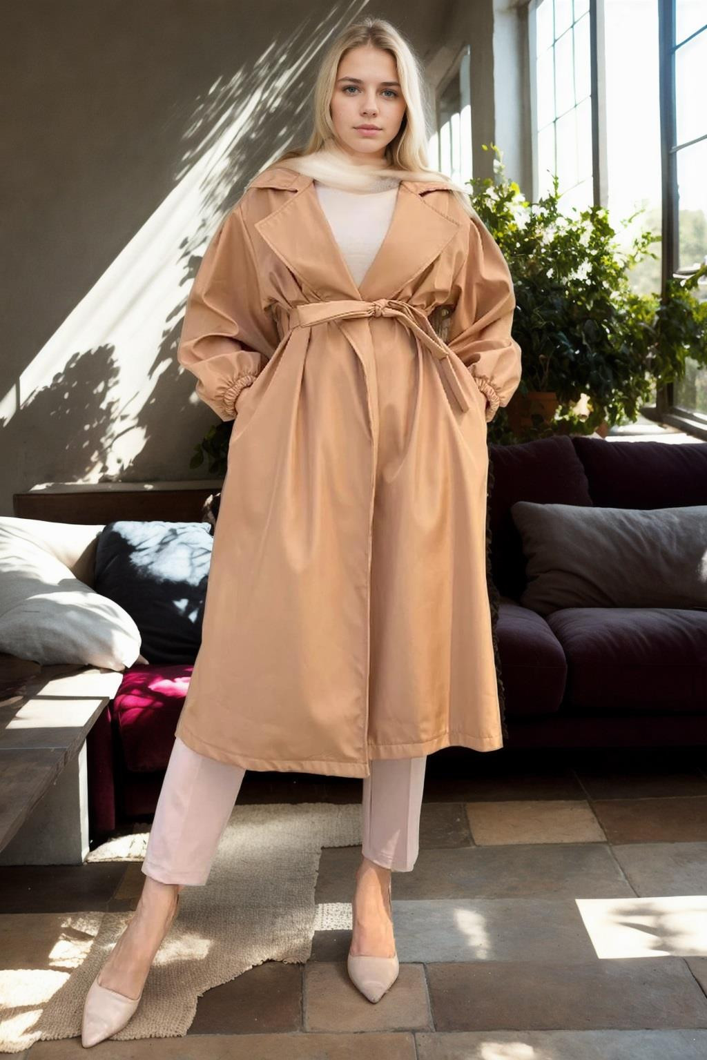 40345 Dewberry Belted Balloon Sleeve Women Trenchcoat-CAMEL