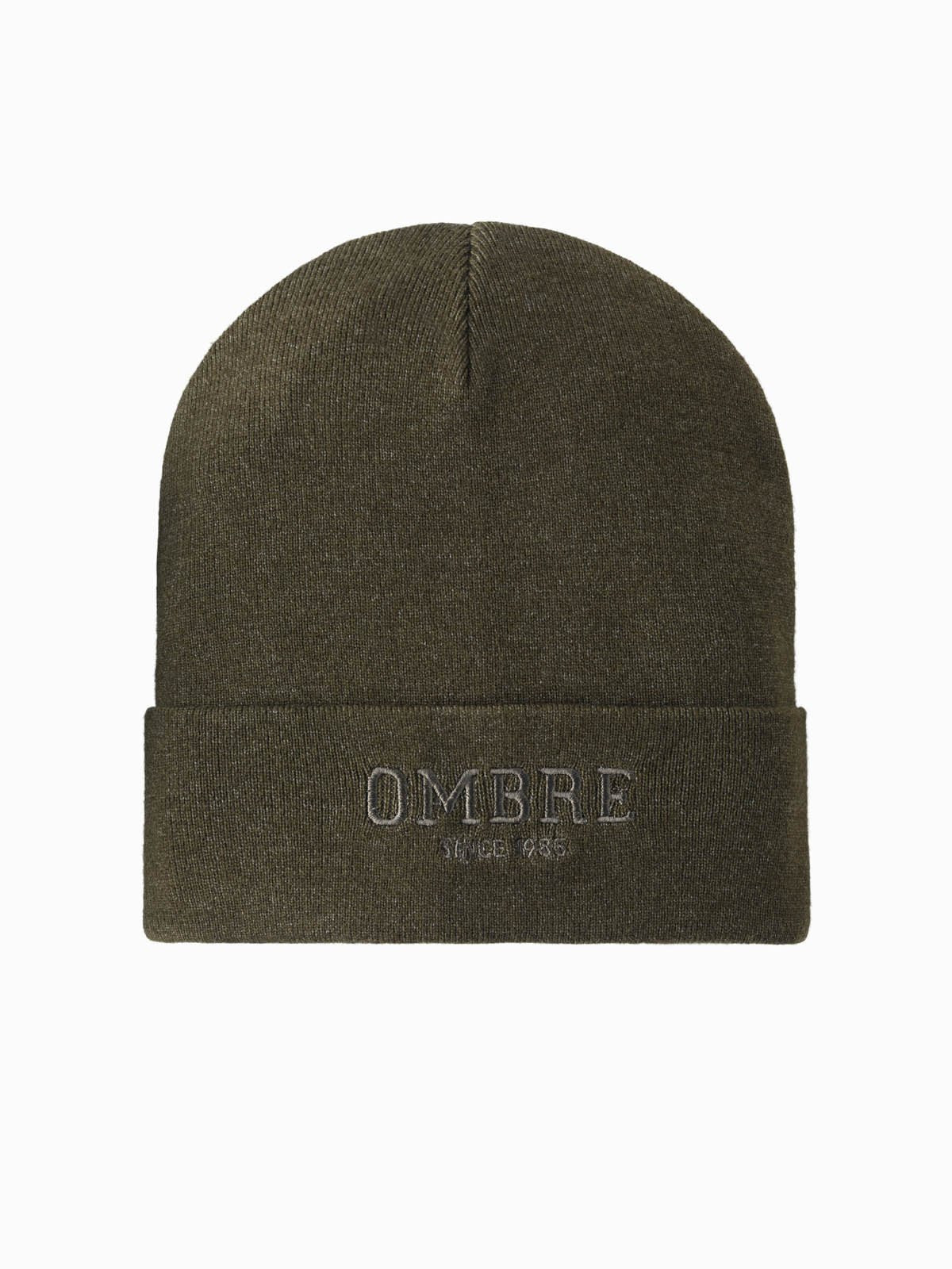 Ombre Men's knitted beanie cap with embroidered inscription - olive