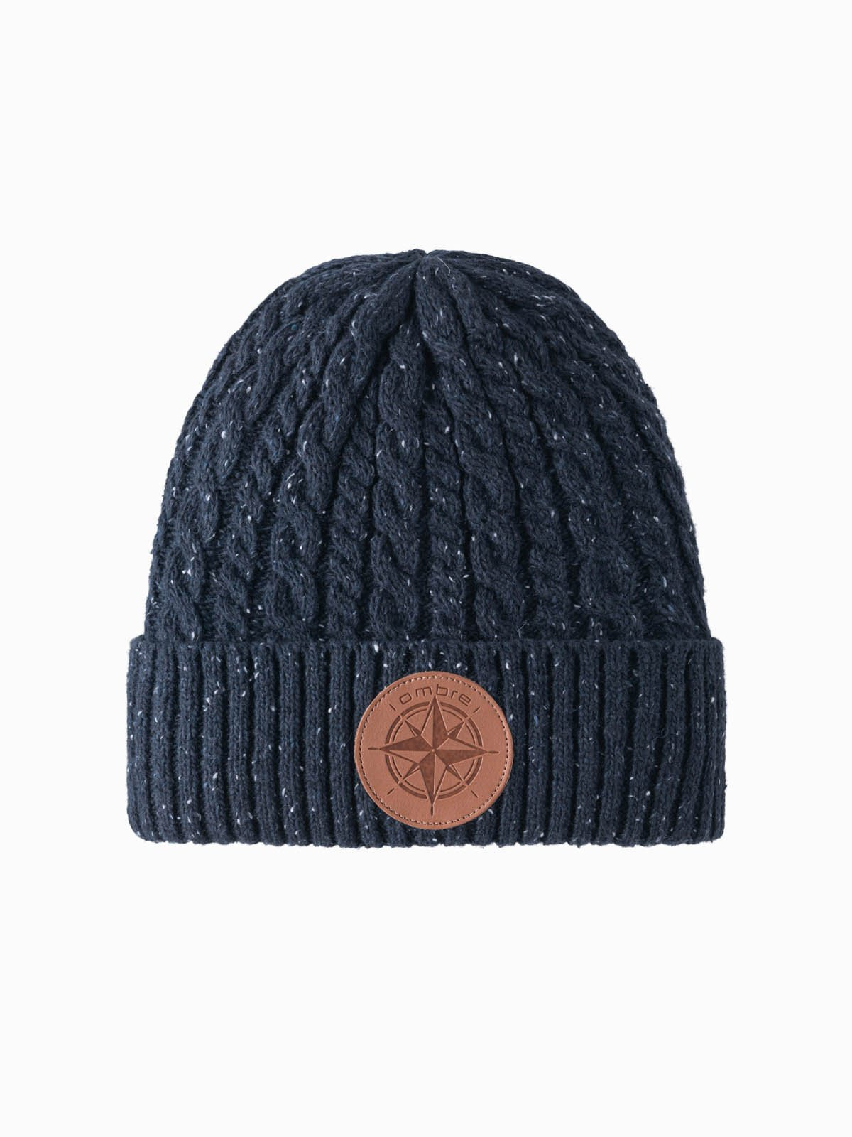 Ombre Men's beanie cap with round embossed patch - navy blue