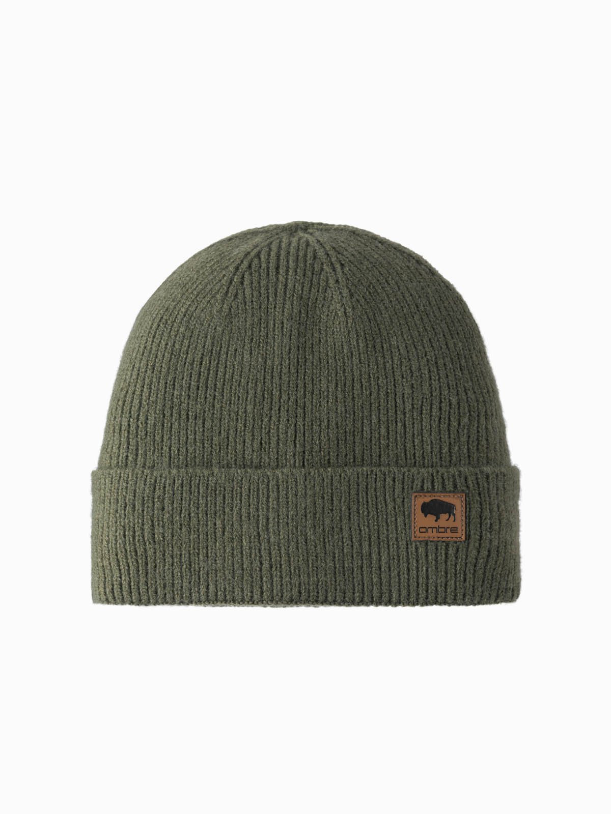 Ombre Men's knitted beanie cap with patch - olive