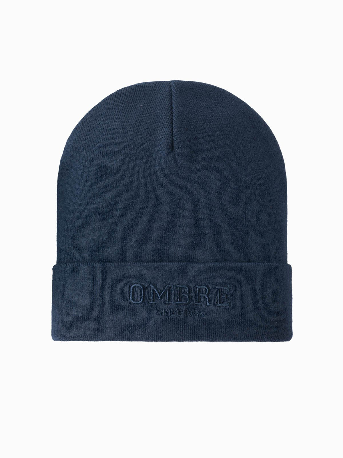 Ombre Men's knitted beanie hat with embroidered inscription - navy blue