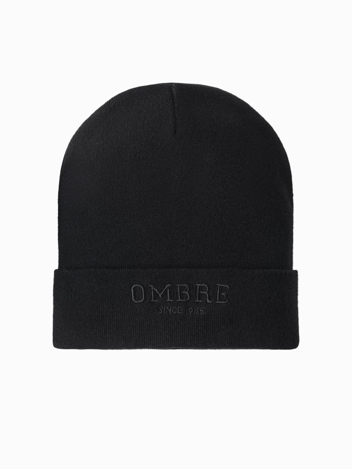 Ombre Men's knitted beanie hat with embroidered inscription - black