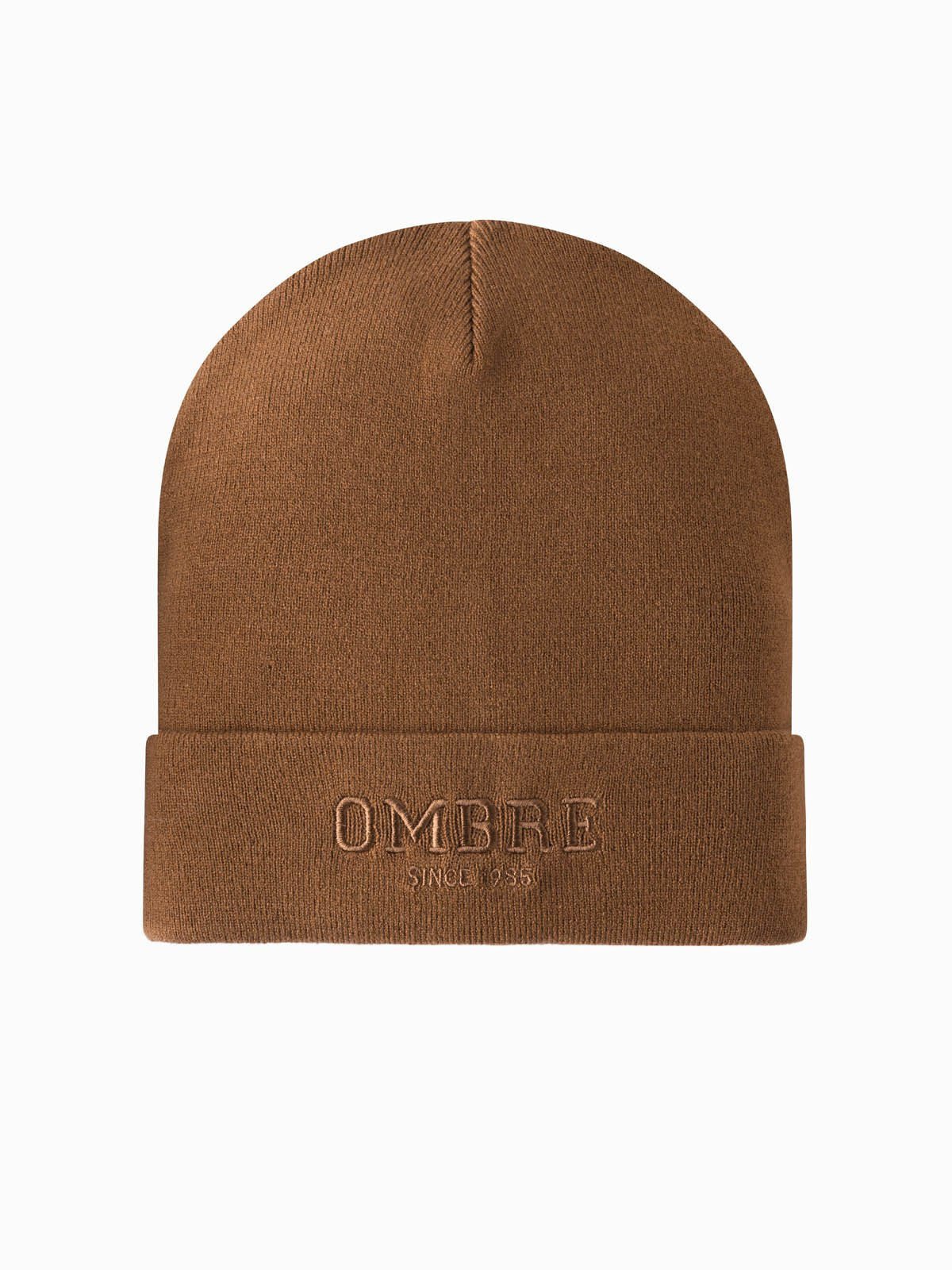 Ombre Men's knitted beanie with embroidered inscription - brown