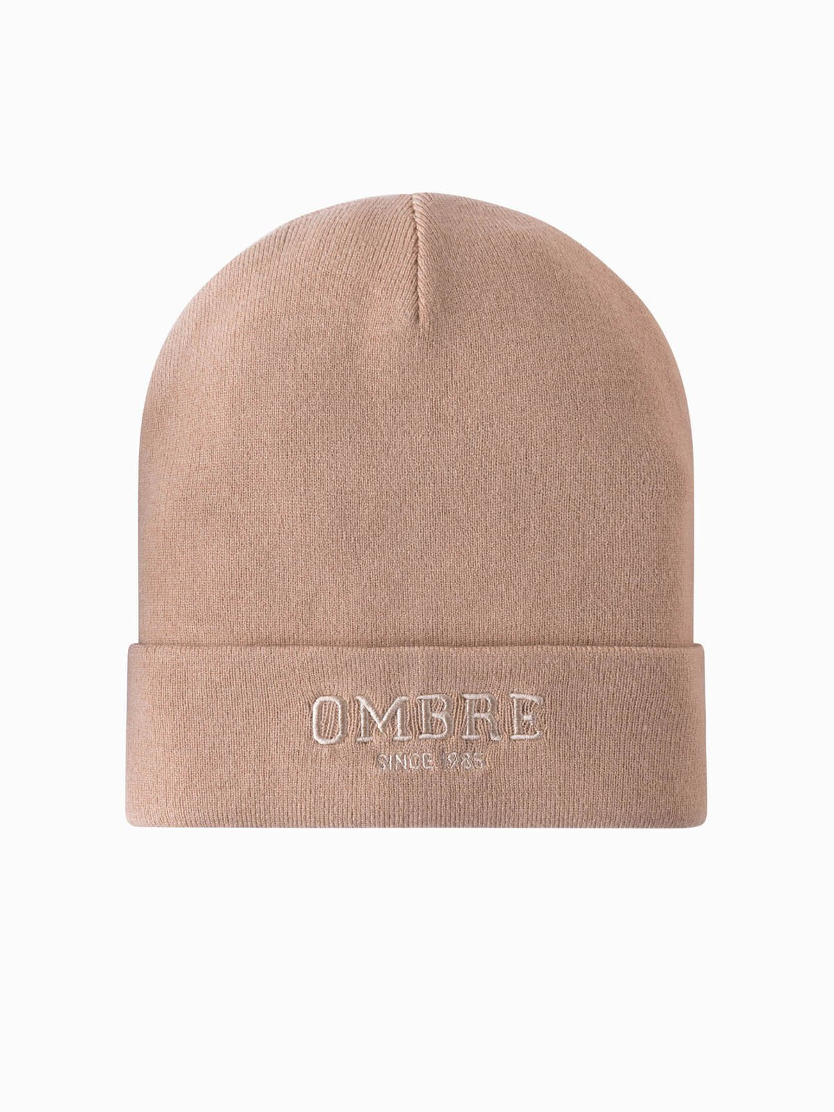 Ombre Men's knitted beanie cap with embroidered inscription - sand