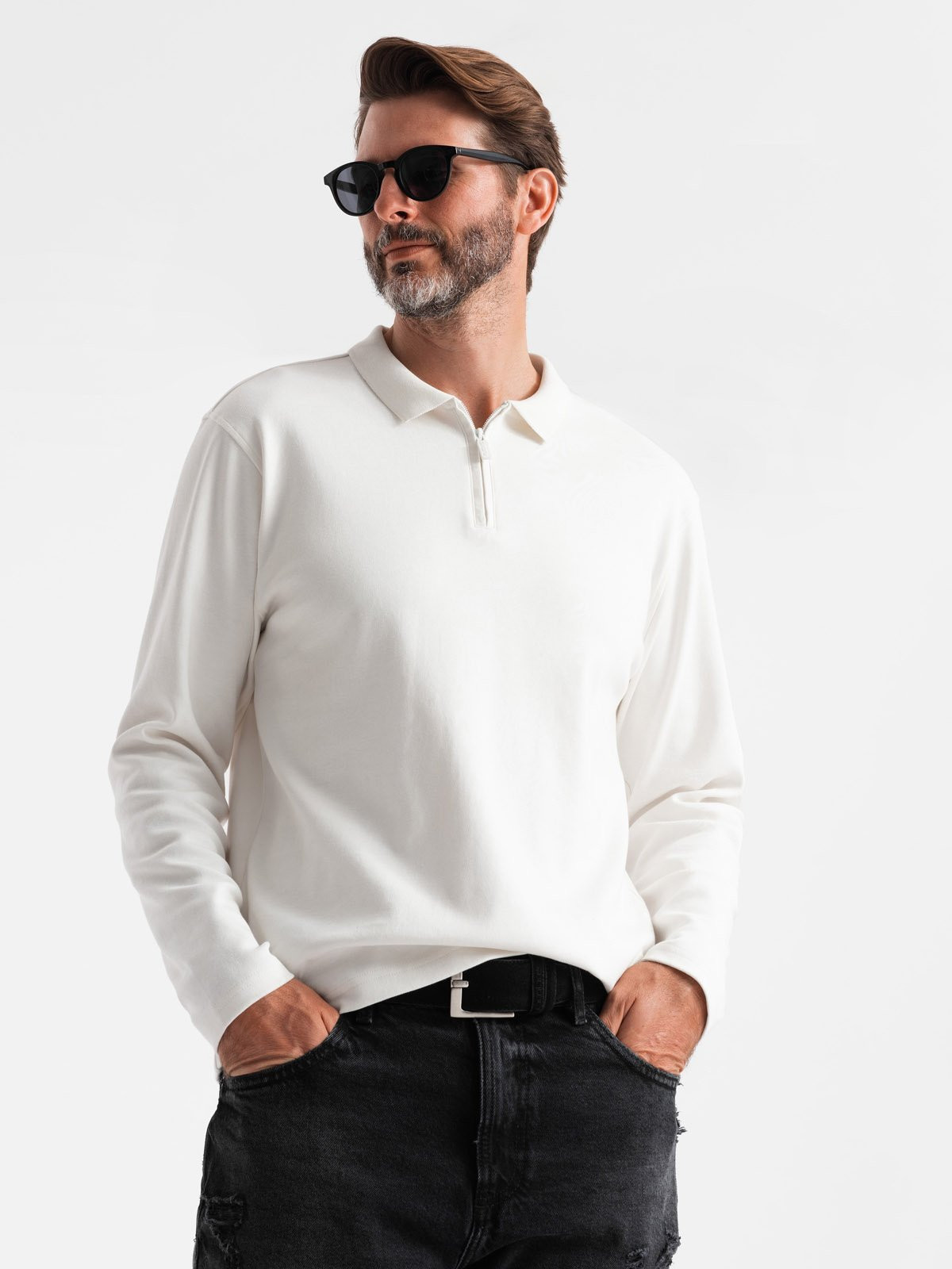 Ombre Men's polo longsleeve with zippered collar - white