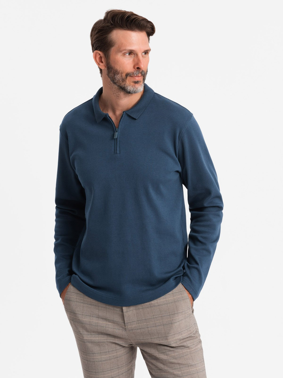 Ombre Men's polo longsleeve with zippered collar - navy blue