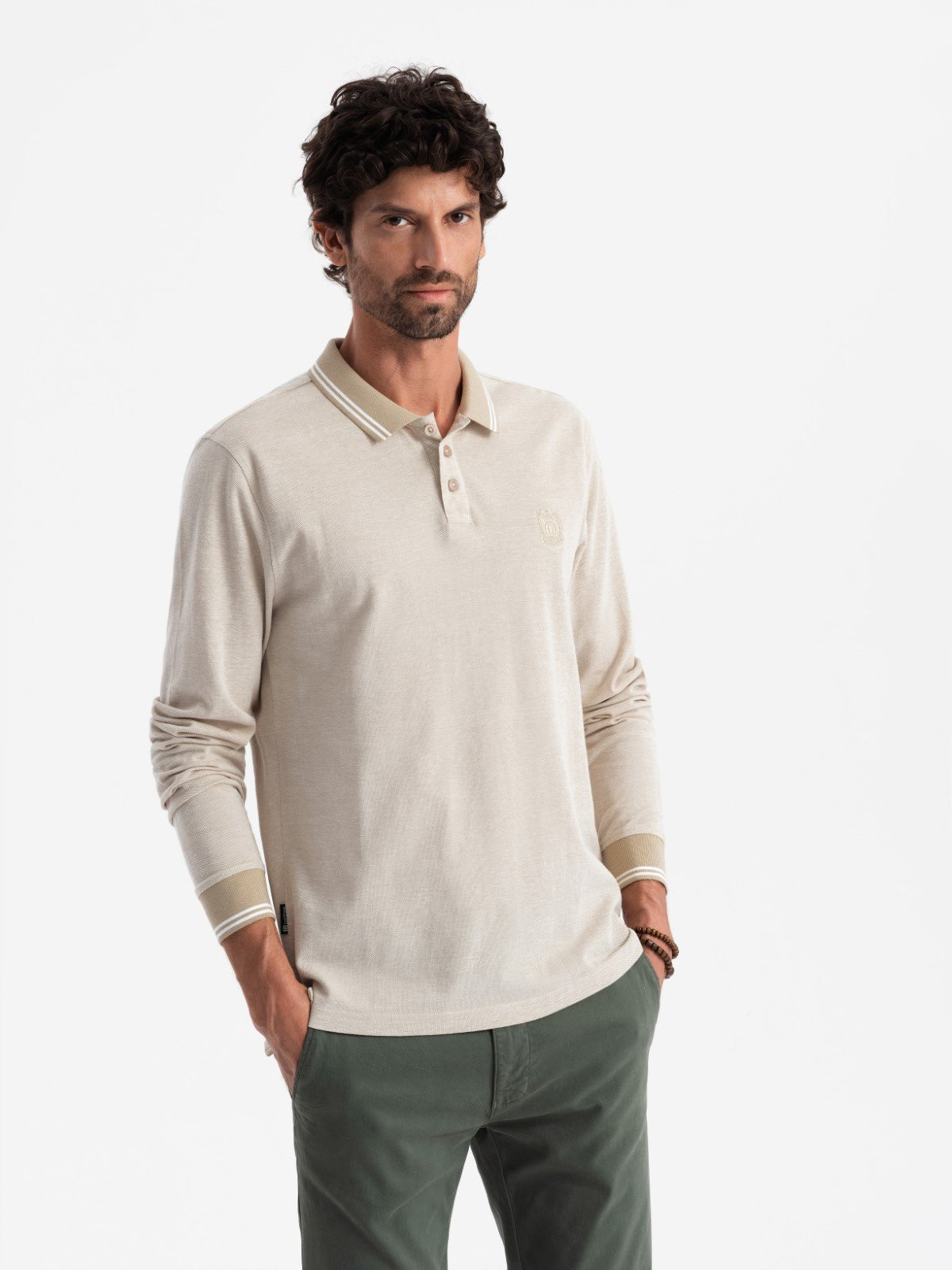 Ombre Men's melange polo longsleeve with embroidery - sand melange
