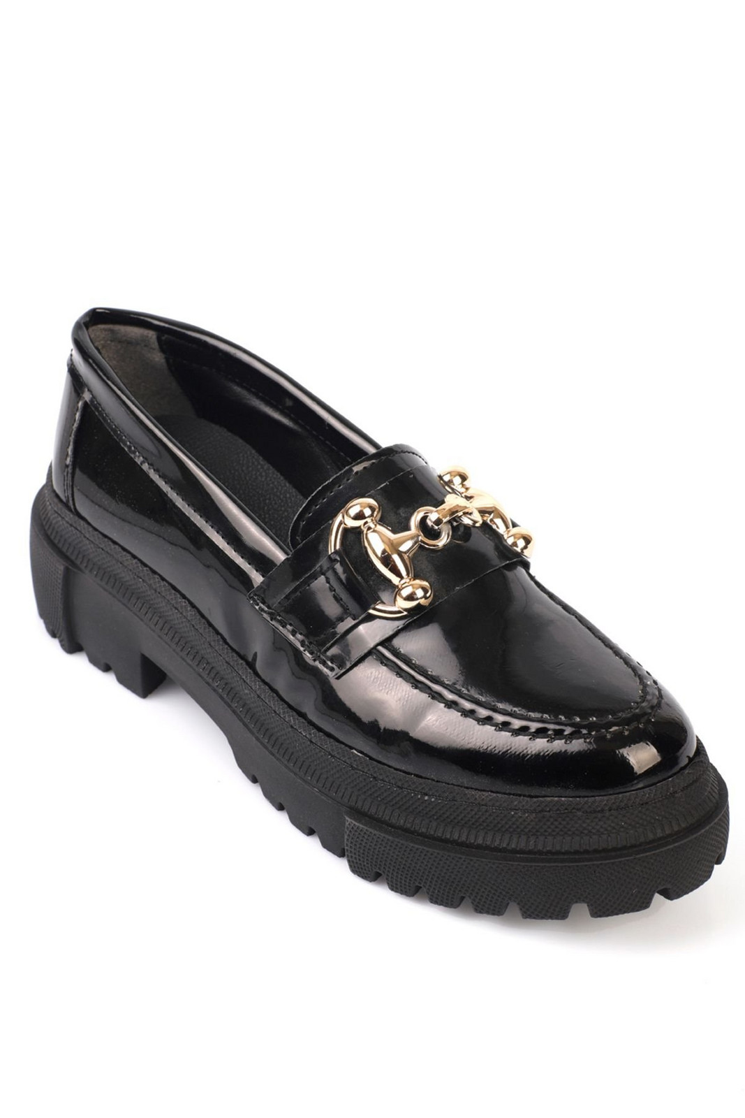 Capone Outfitters Oval Toe Metal Buckle Trak Sole Women's Patent Leather Black Gold Loafer