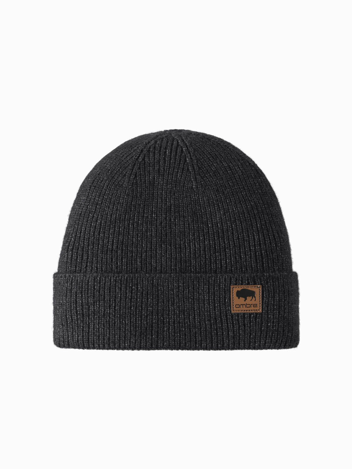 Ombre Men's knitted beanie cap with patch - black melange