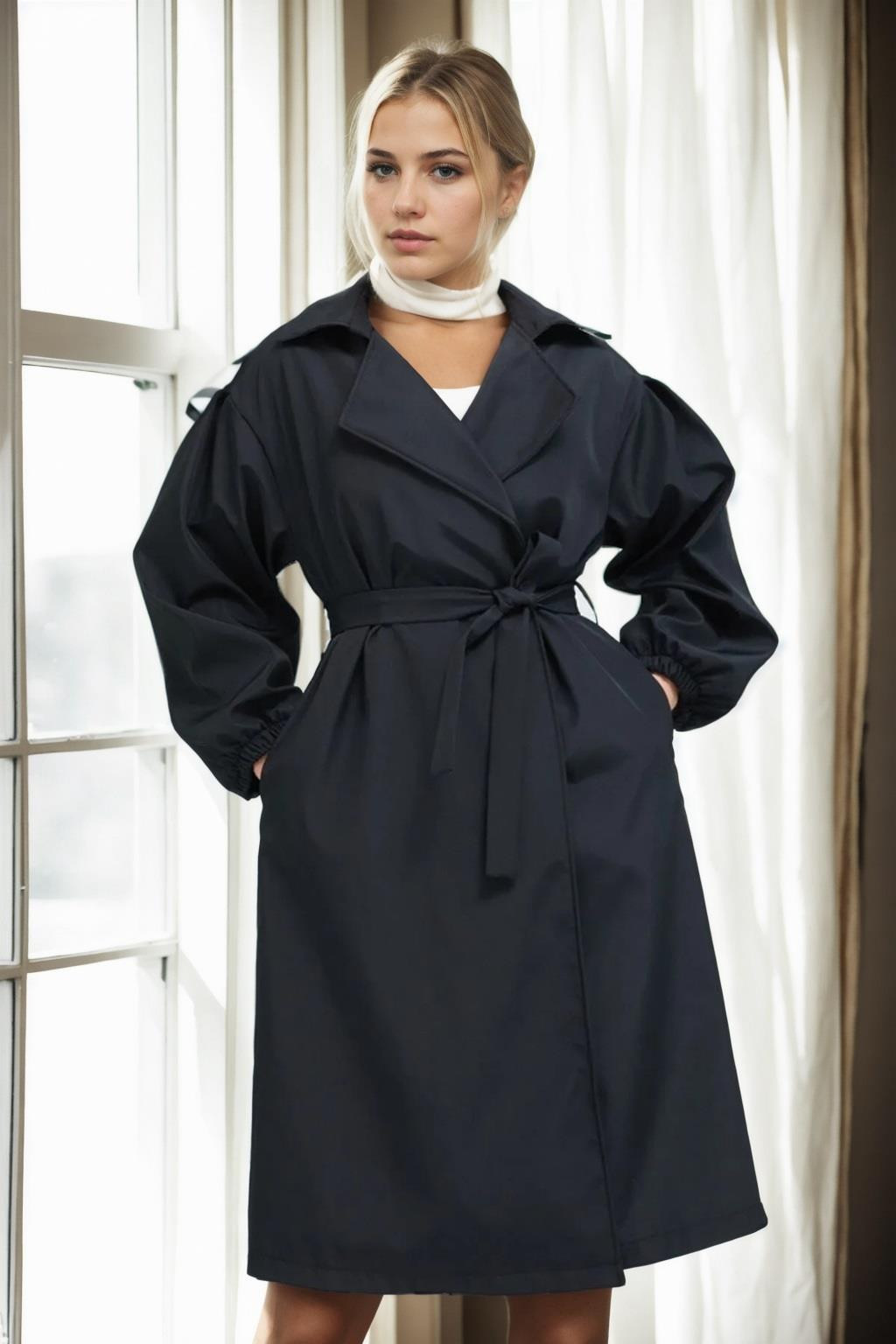 40345 Dewberry Belted Balloon Sleeve Women Trenchcoat-BLACK