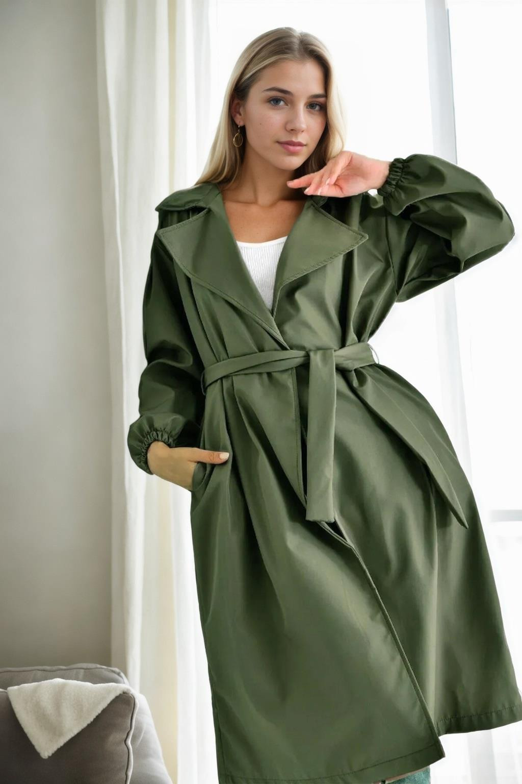 40345 Dewberry Belted Balloon Sleeve Women Trenchcoat-Khaki