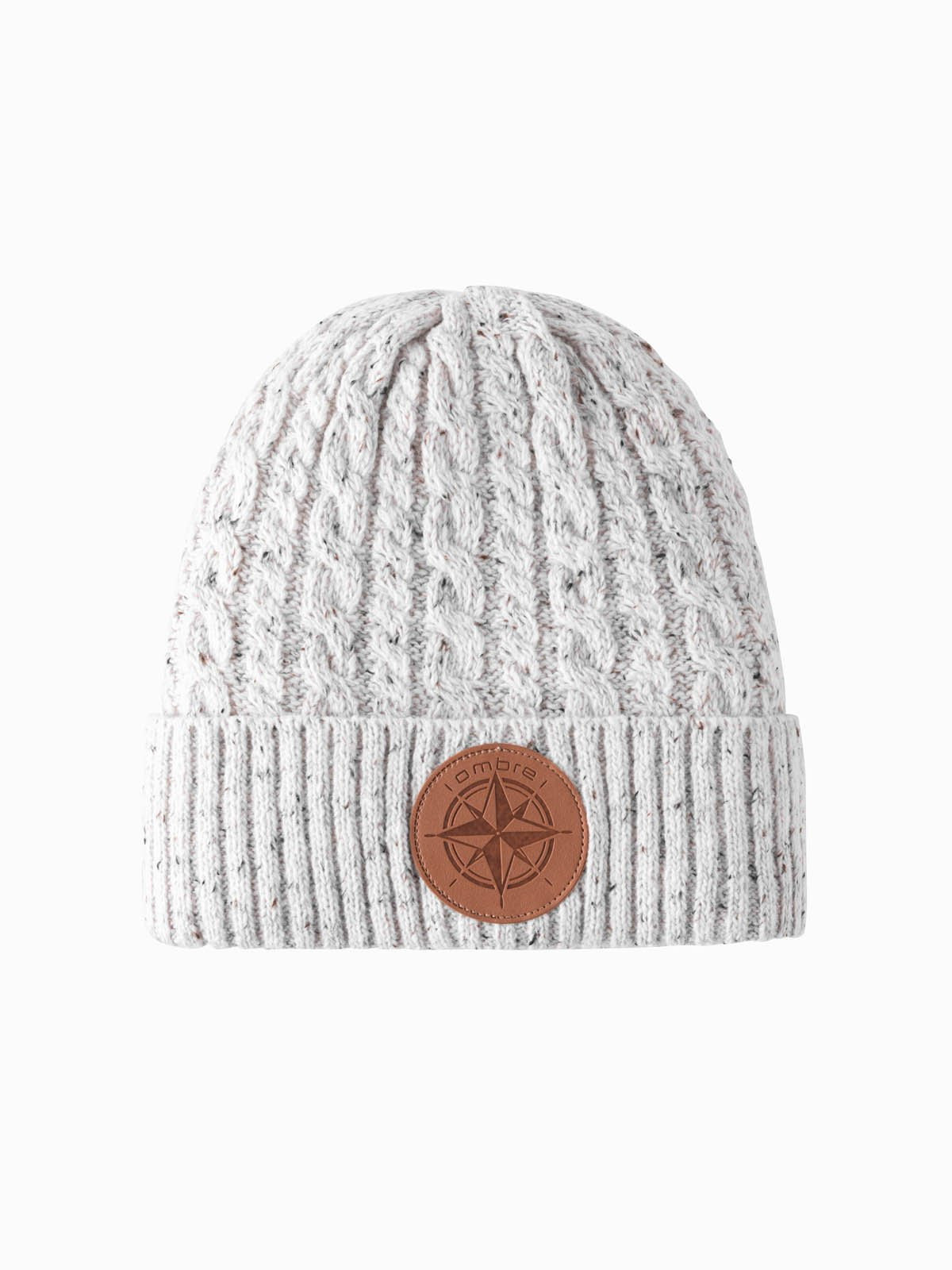 Ombre Men's beanie cap with round embossed patch - broken white