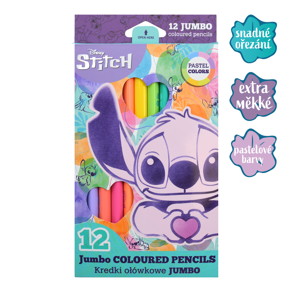 Colorino pastelky trojhranné JUMBO Stitch Pastel, 12 pastelových barev