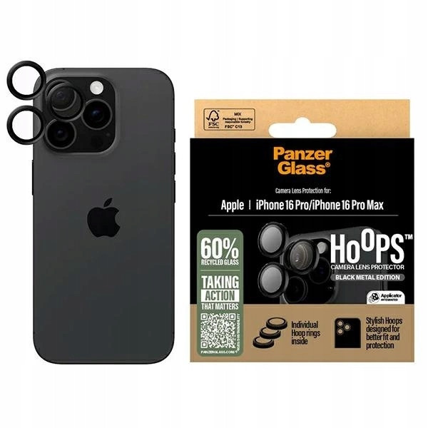 Tvrzené sklo PanzerGlass Hoops Black na fotoaparát iPhone 16 Pro 16 Pro Max