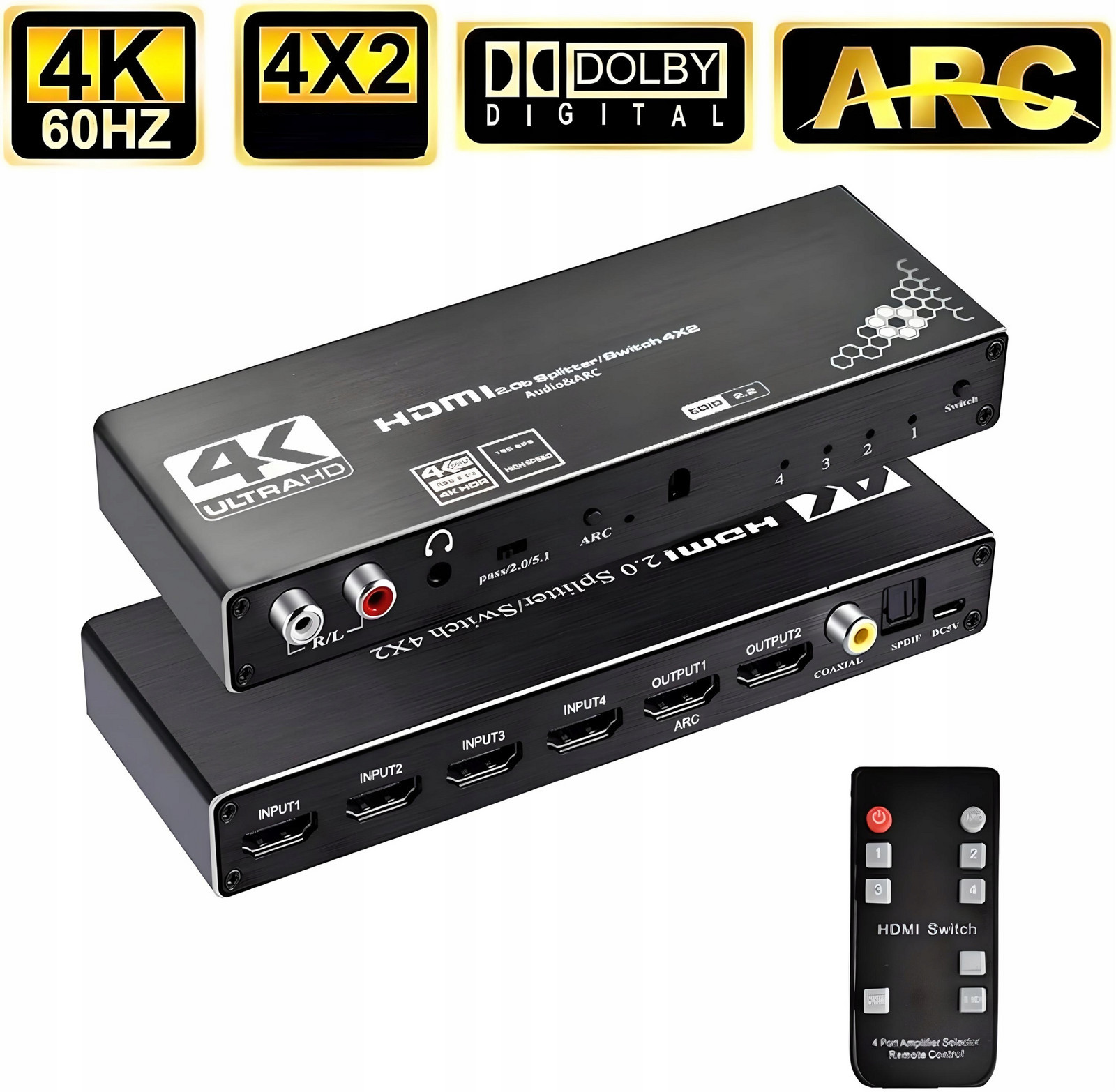 Splitter Switch Hdmi 2.0 4x2 Přepínač 4 Vstupů 2 Výstupy Arc Cinch Optický