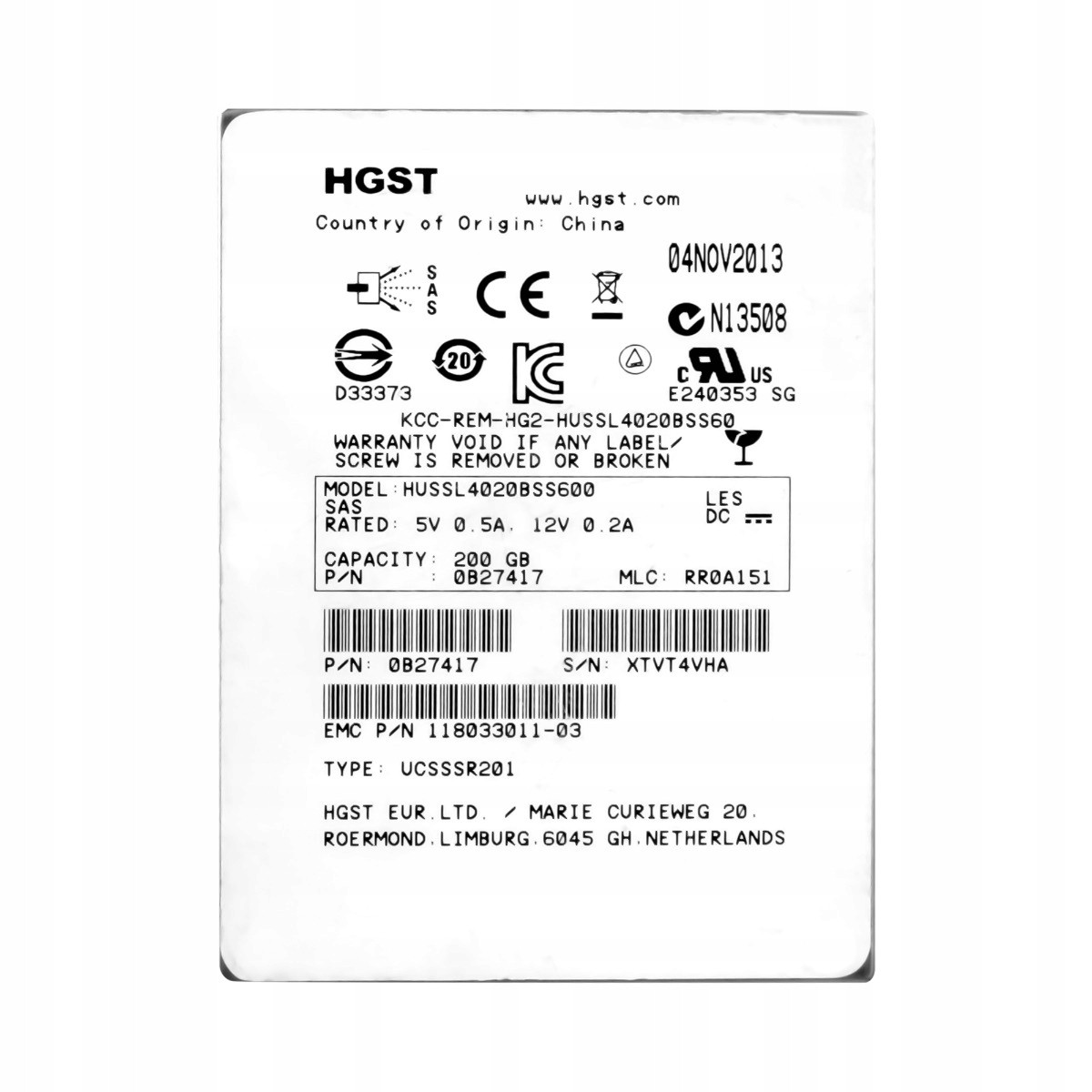 Emc 118033011-03 200GB SAS-2 2.5'' Slc HUSSL4020BSS600