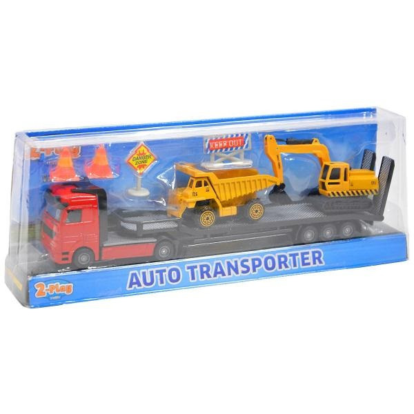 Kovový autotransporter s bagrem a vyklápěčem