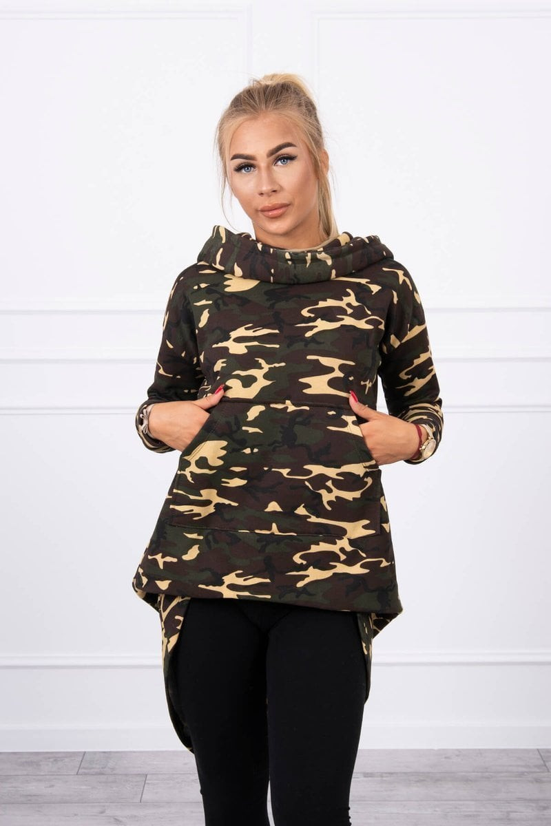 Mikina s dlouhým zadním dílem camo khaki+hnědá