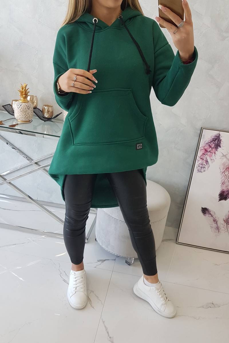 Vatovaná mikina s dlouhým zadním dílem a kapucí tmavě zelená