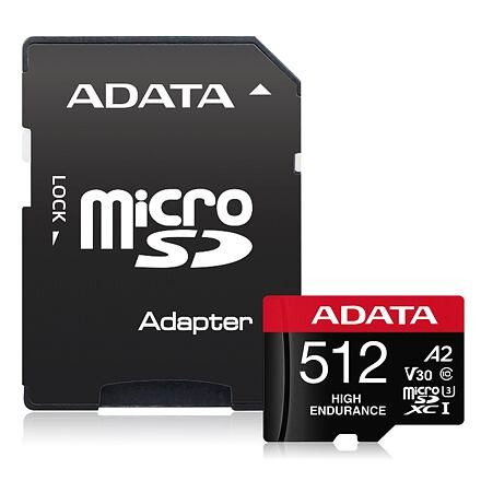 ADATA MicroSDXC karta 512GB High Endurance UHS-I C10 V30 A2 (R:100/W:85 MB/s) + SD adaptér AUSDX512GUI3V30SHA2-RA1