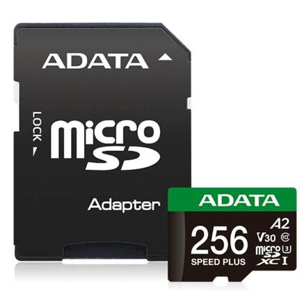 ADATA MicroSDXC karta 256GB Speed Plus, U3, C10, A2, V30 (R:180/W:160 MB/s) + SD adaptér UD256GUI3V30A2SP-RA1