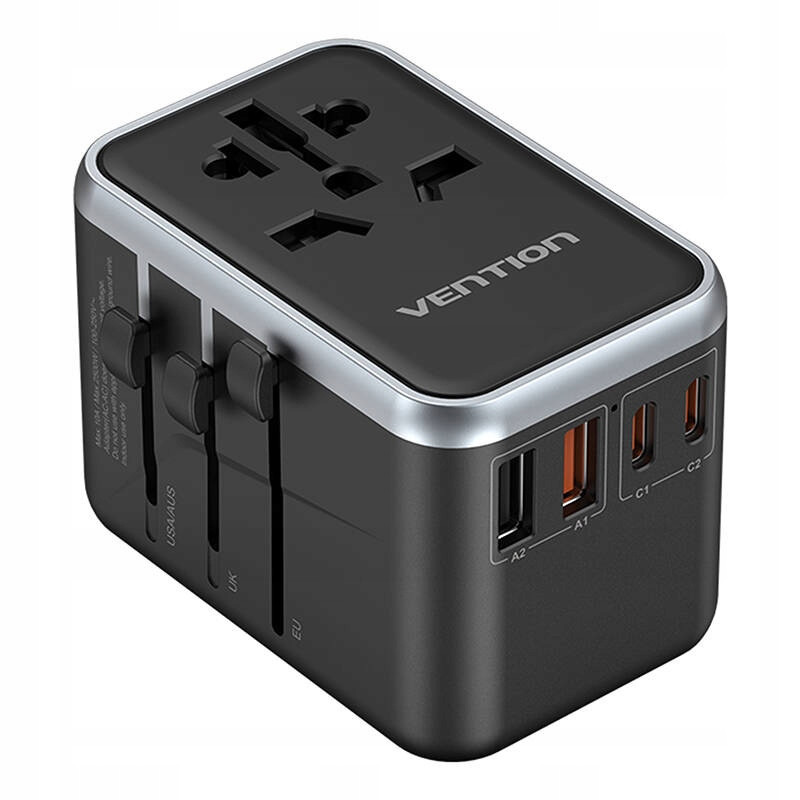 Cestovní adaptér univerzální 65W Vention FJFB0 GaN 2xUSB-C 2xUSB-A (černý)