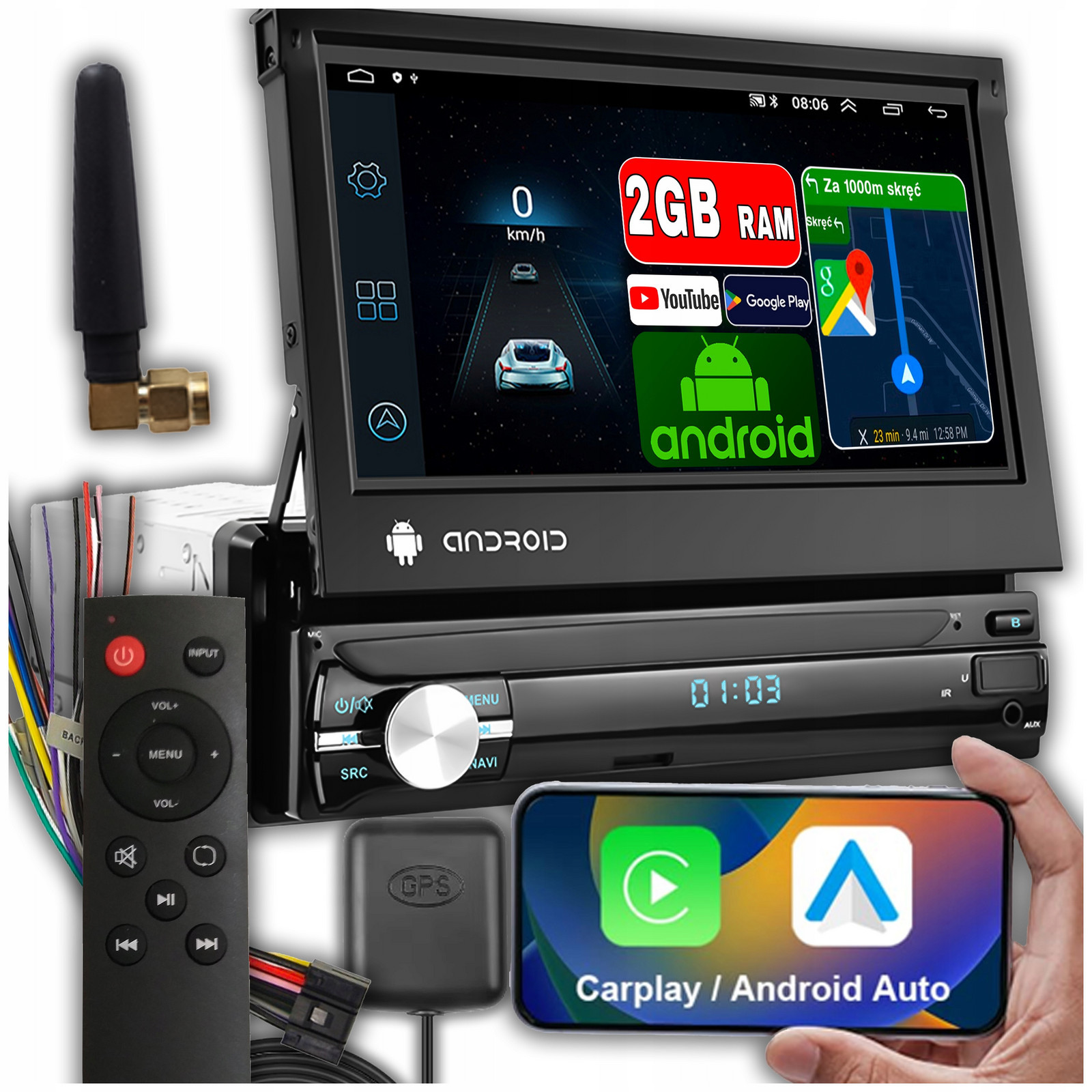 1 Din Android 13 Gps Usb Wifi Dab+ Vysouvací Aux Carplay