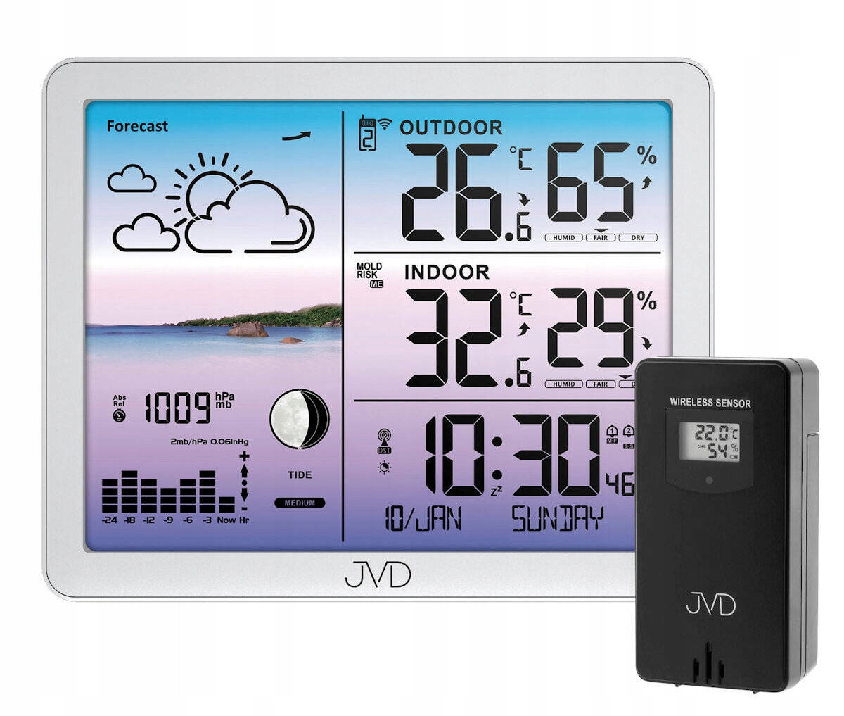 Osvětlená Meteostanice Jvd RB3566.2 Alarmy Sonda Tlak Plíseň Dcf
