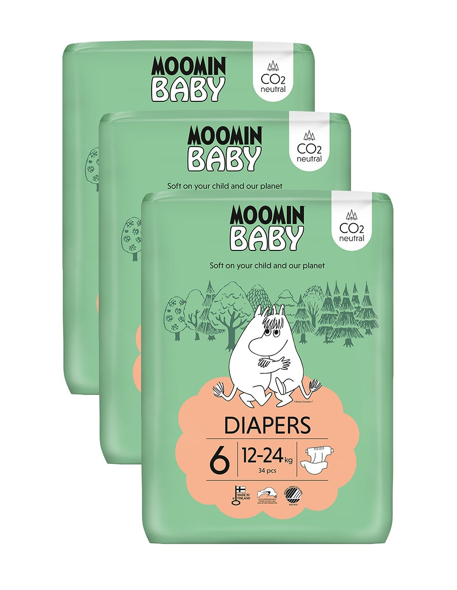 MOOMIN BABY 6 Maxi 12–24 kg, měsíční balení eko plen 102 ks