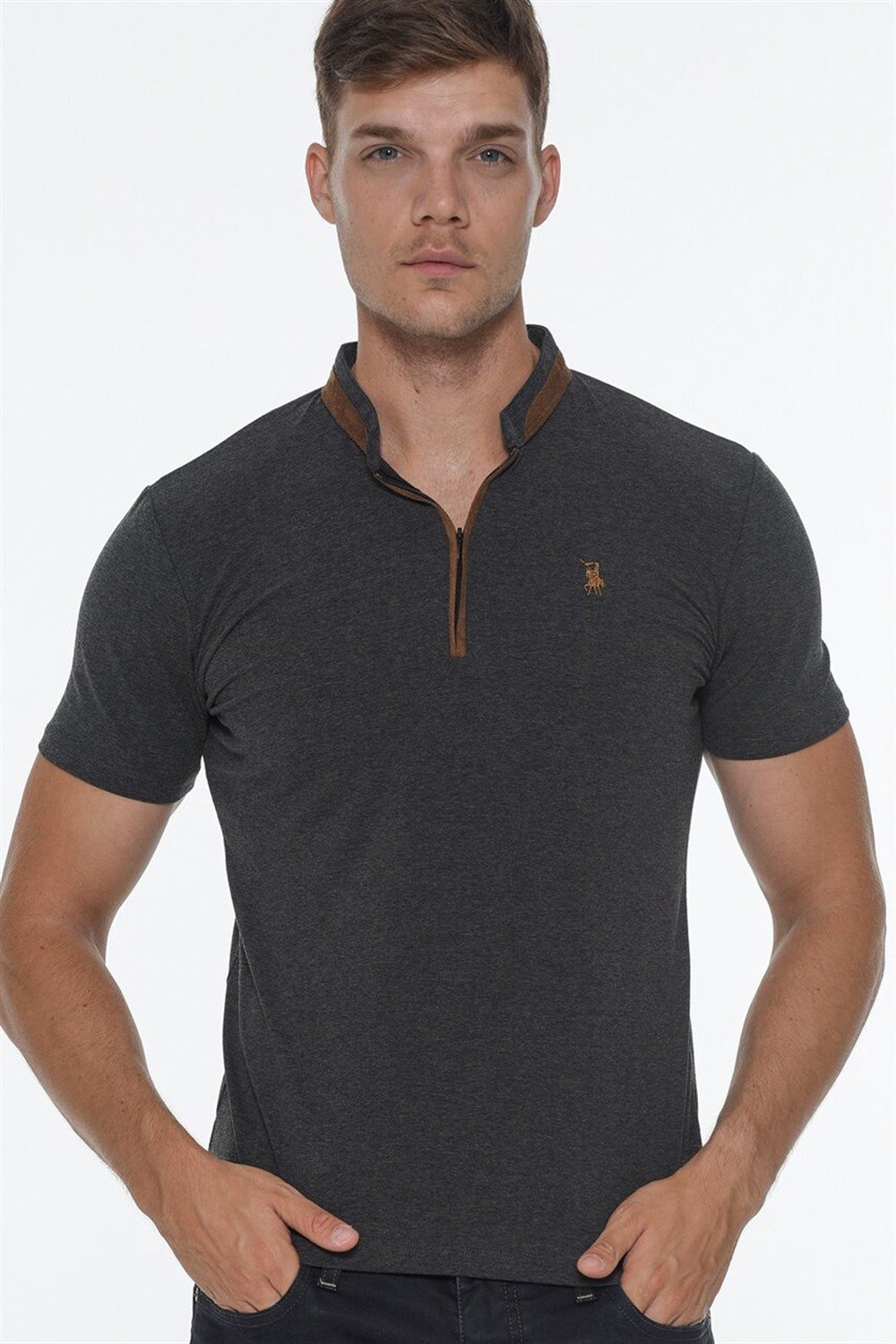 T8571 DEWBERRY ZIPPER MEN'S T-SHIRT-ANTHRACITE