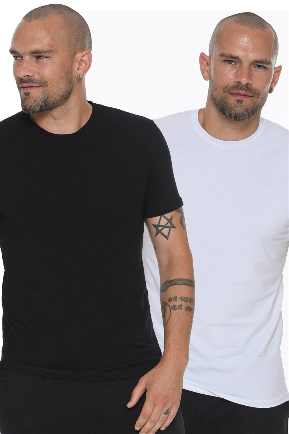 DOUBLE SET T8569 DEWBERRY BIKE COLLAR MEN'S T-SHIRT-WHITE-BLACK