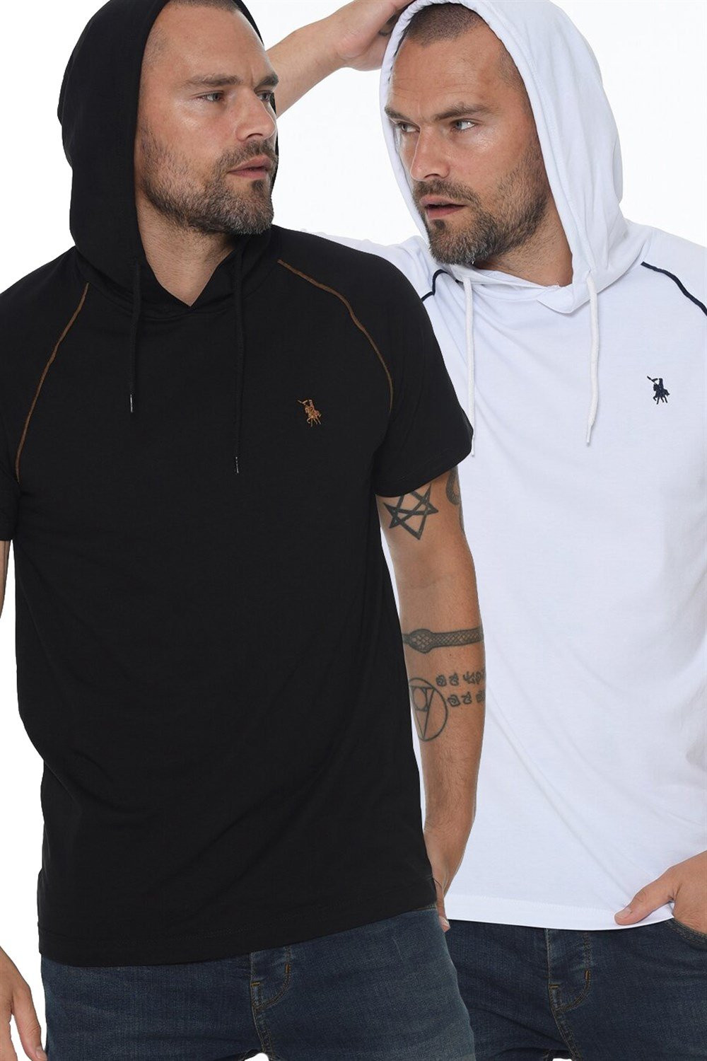 DOUBLE SET T8570 DEWBERRY HOODED MEN'S T-SHIRT-WHITE-BLACK