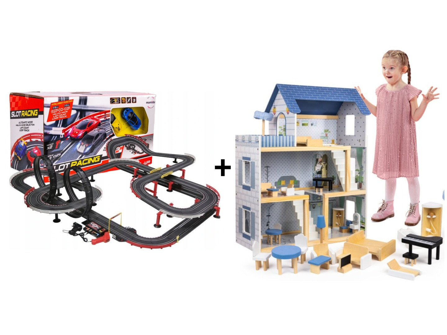 Mamido Mamido Výhodná sada Autodráha Gigant 1420cm + Domeček pro panenky Roxana s nábytkem a příslušenstvím XL 78cm 15ks + LED osvětlení
