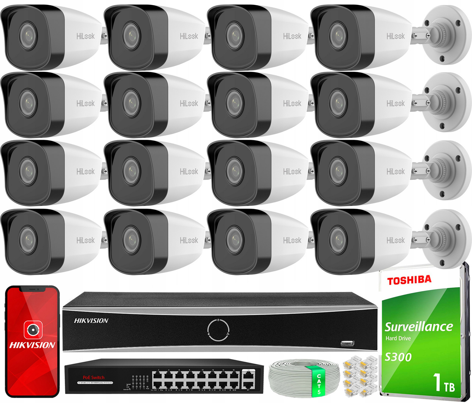 Ip monitorovací set 16x 2MPx kamera IPCAM-B2 IR30 HiLook by Hikvision