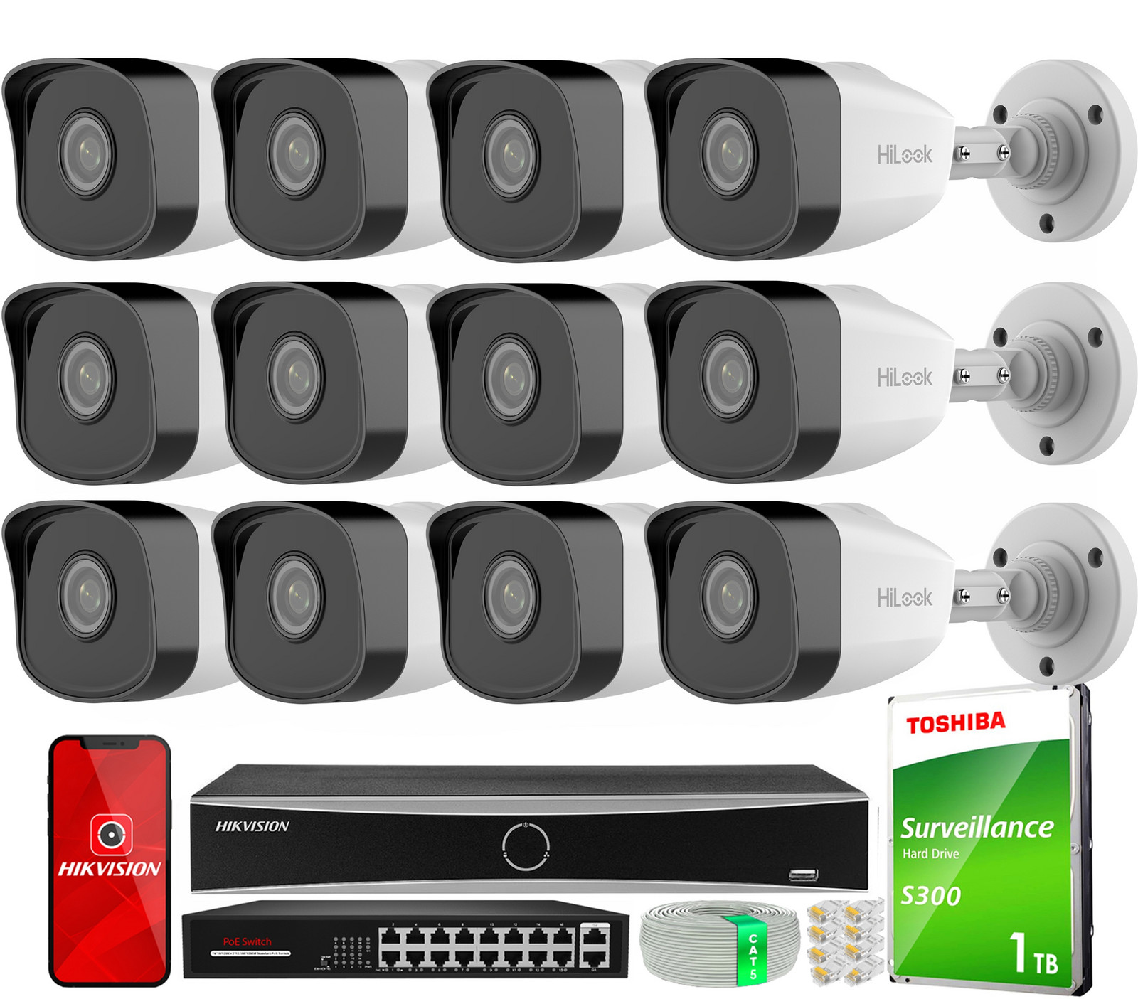 Ip monitorovací set 12x 5MPx kamera IPCAM-B5 IR30 HiLook by Hikvision