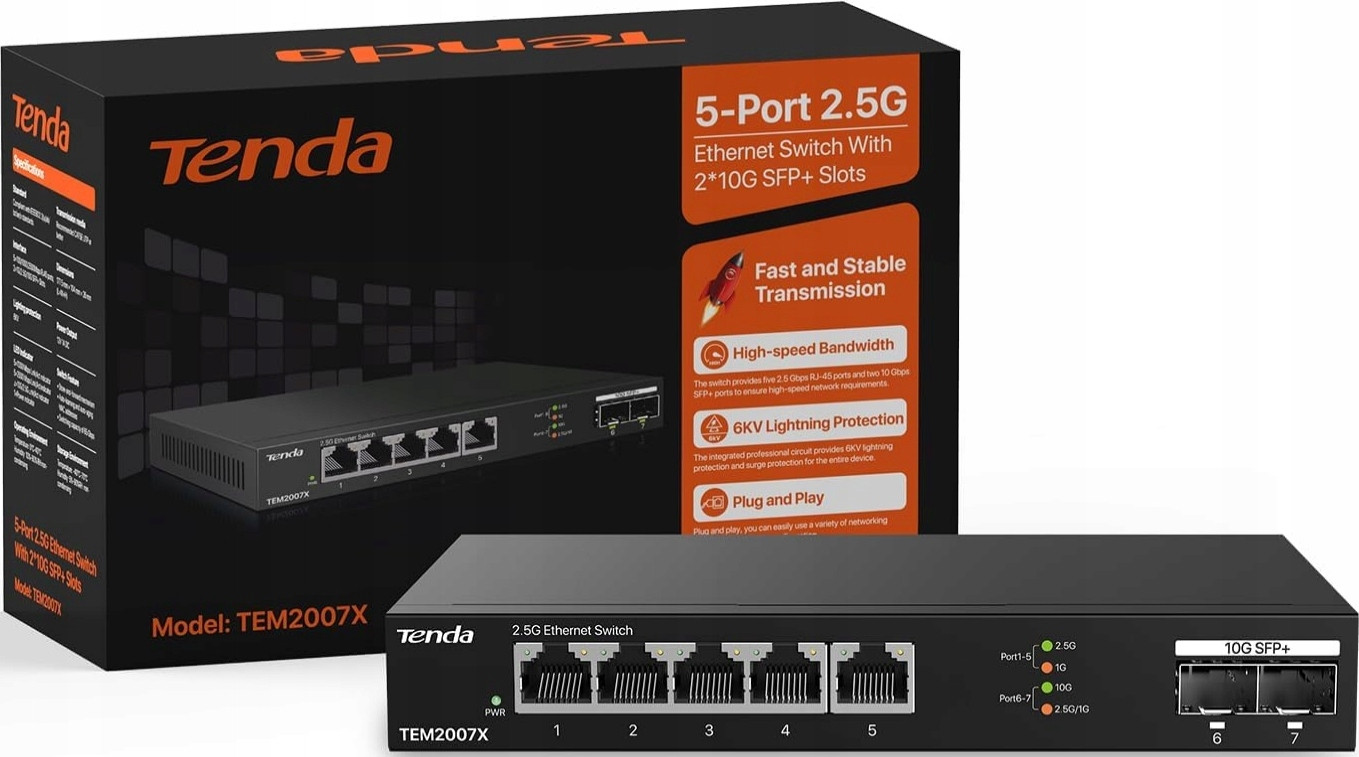 Switch Přepínač 2,5Gb 5 porty 2,5G a 2 porty Sfp+ 10G