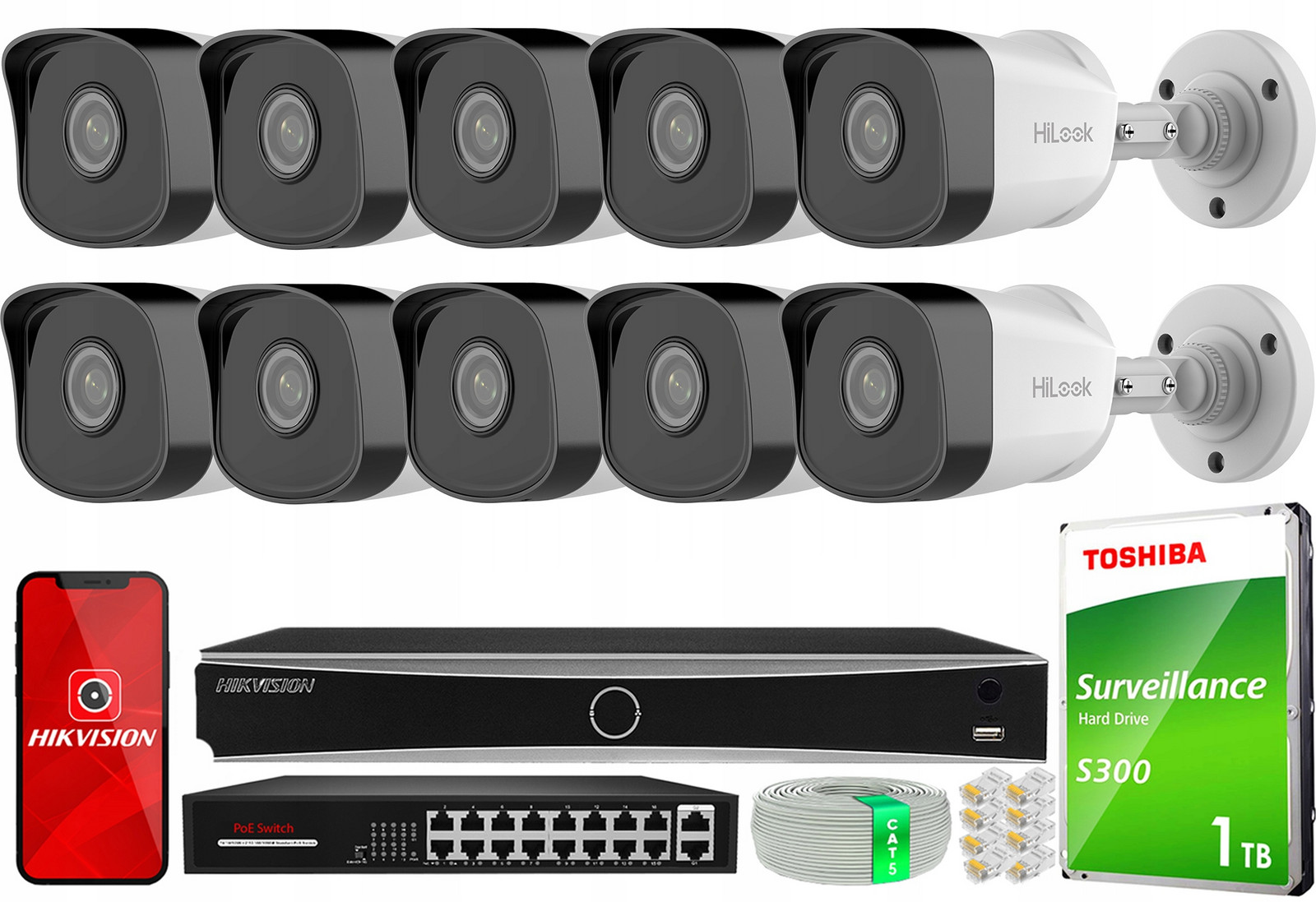 Ip monitorovací set 10x 2MPx kamera IPCAM-B2 IR30 HiLook by Hikvision