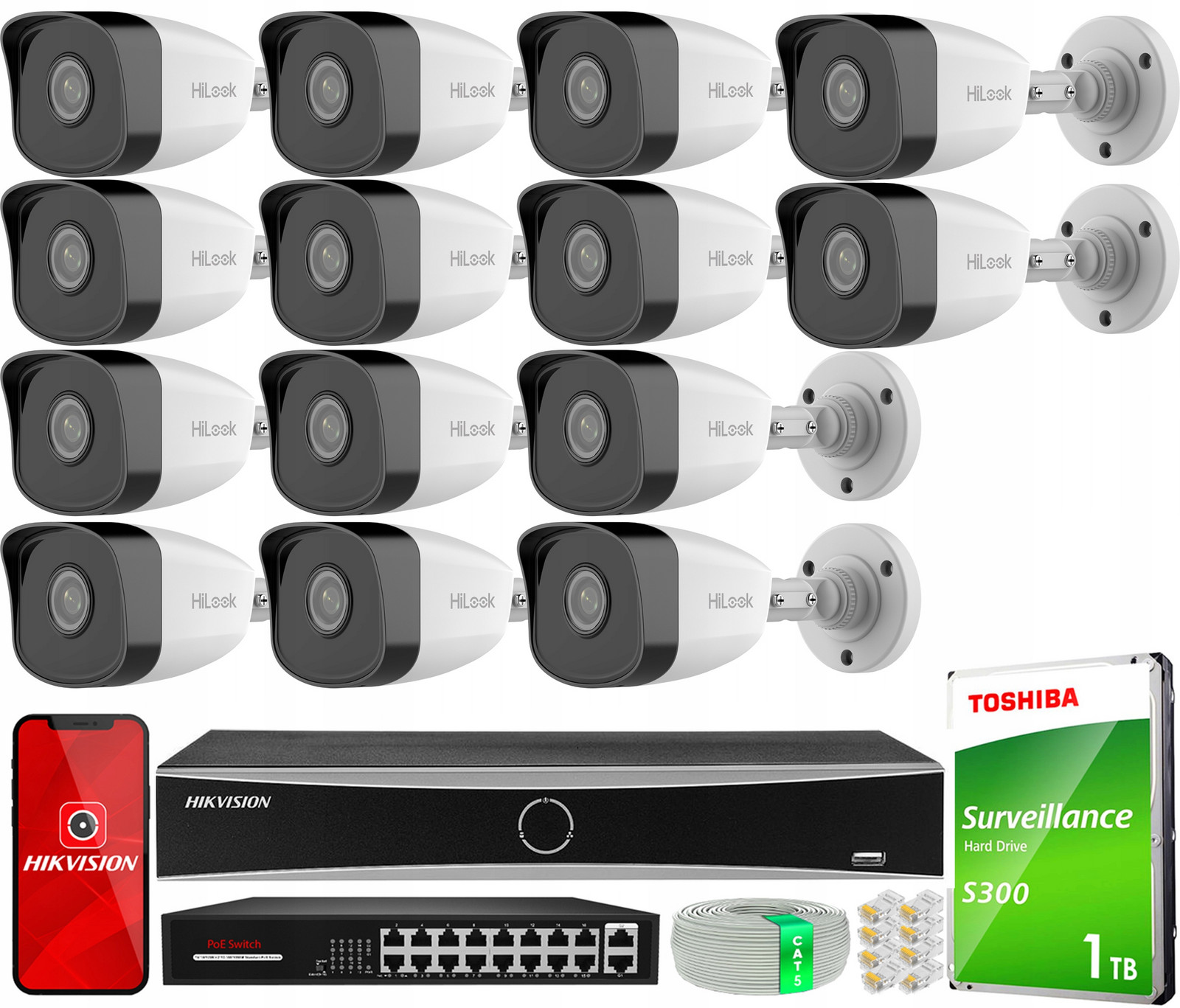 Ip monitorovací set 14x 2MPx kamera IPCAM-B2 IR30 HiLook by Hikvision